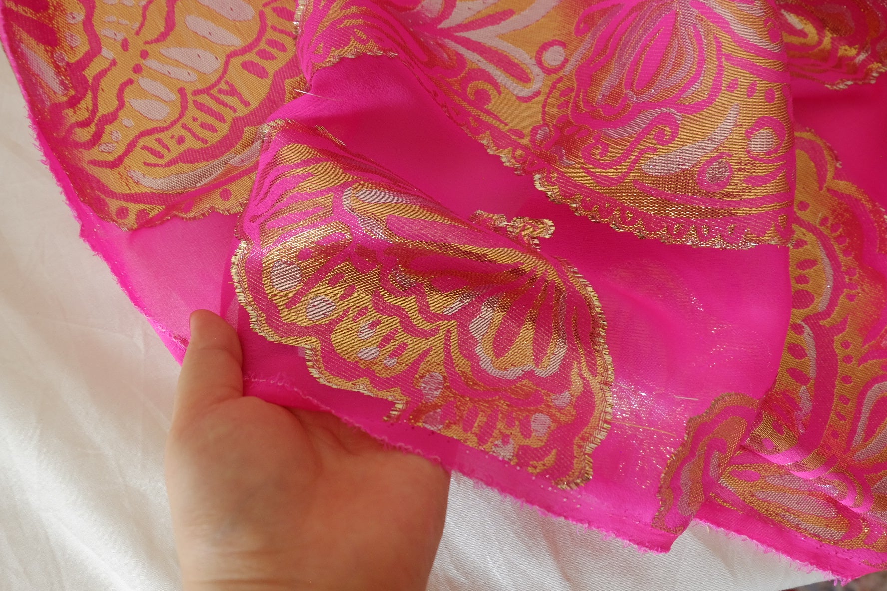 Pure Silk Metallic Embroidered Fabric – Fuchsia Gold Ornamental Jacquard – 2.3 yd