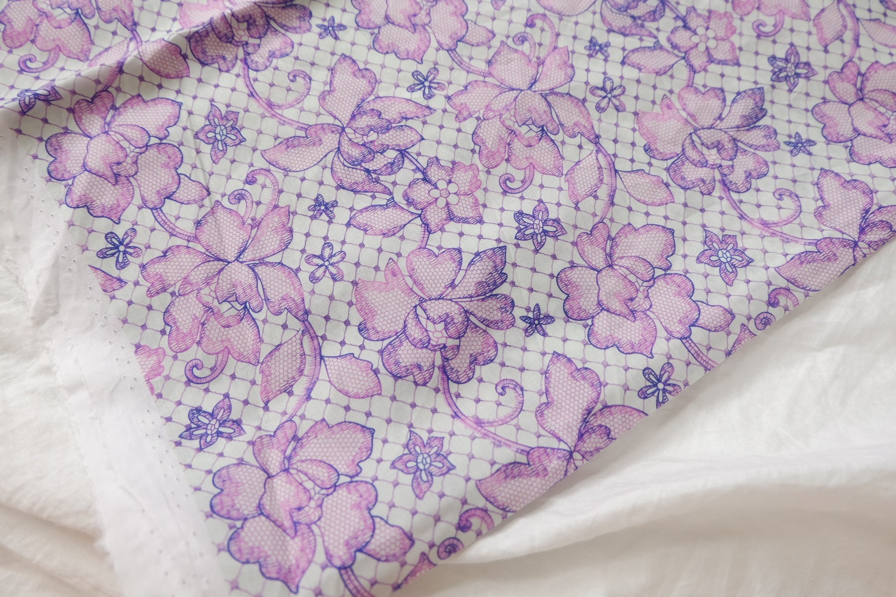 Violet Lace Floral Cotton Lawn Fabric - 1.64 yd
