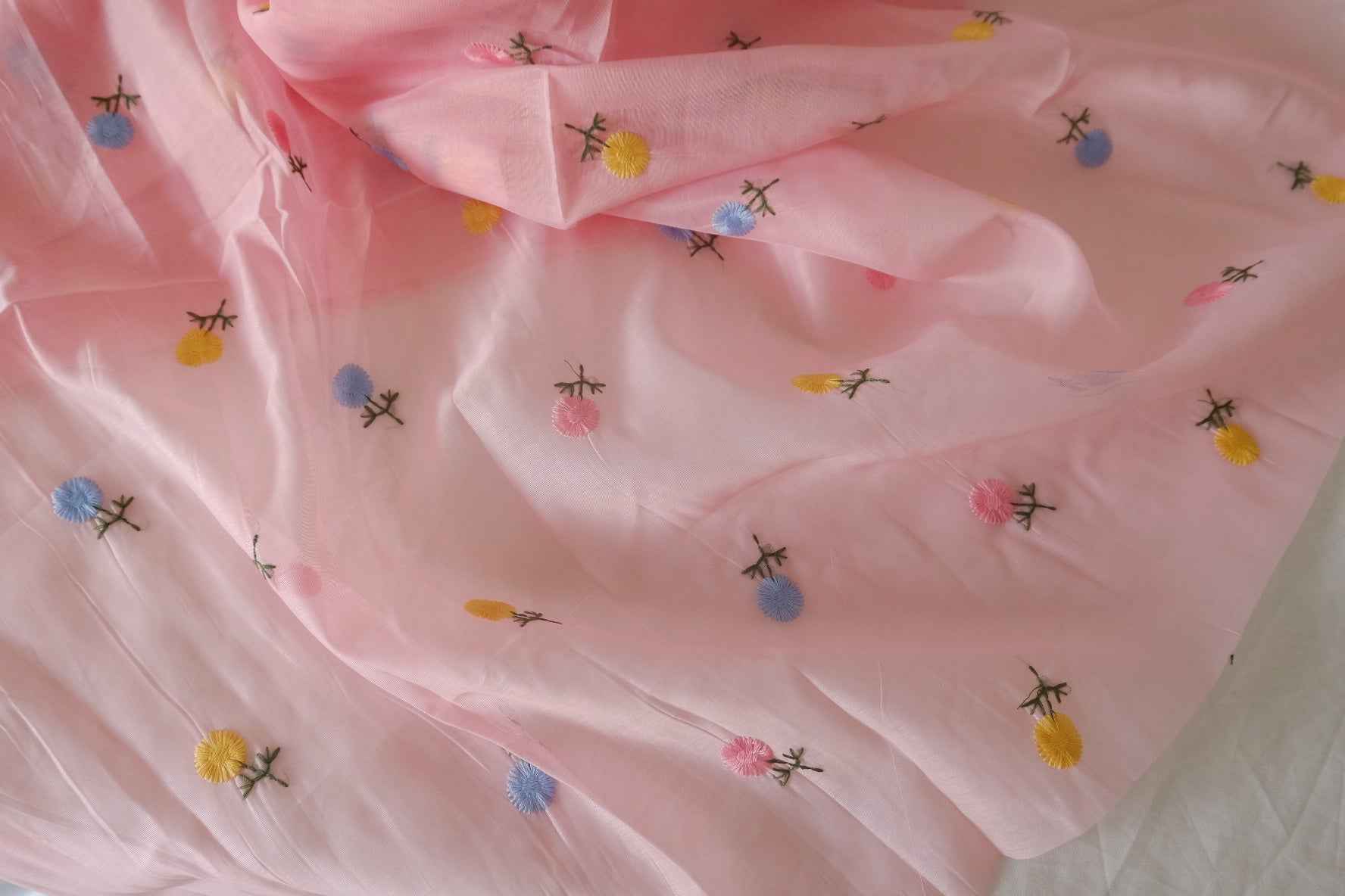 Pink Embroidered Sheer Mesh Fabric – 3.3 Yards