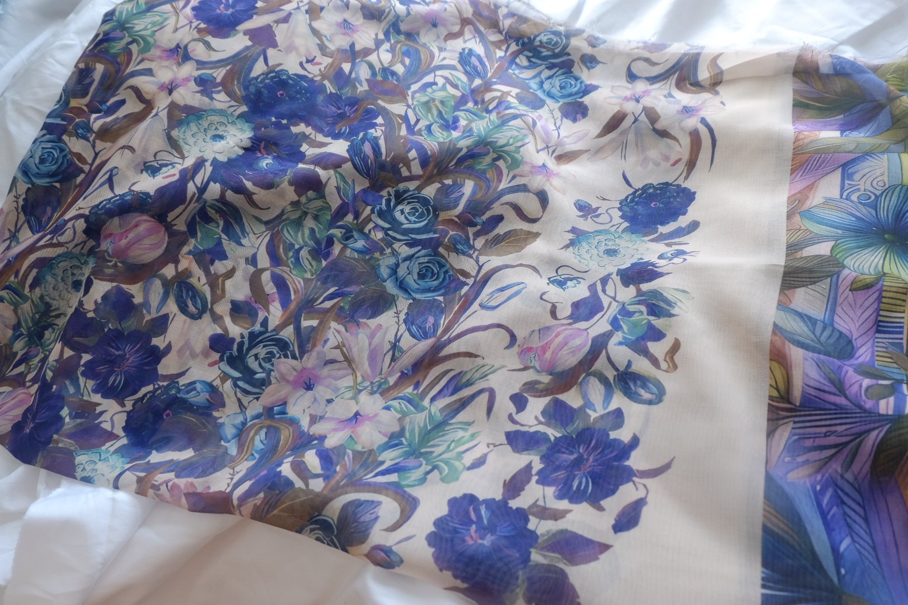 Japanese Blue Floral Border Voile Fabric - 2.19 yd