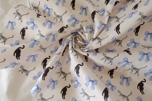 Ivory Cotton Sateen Fabric with Cat & Bow Print – Soft Structured Designer Cotton – 1.6 yd