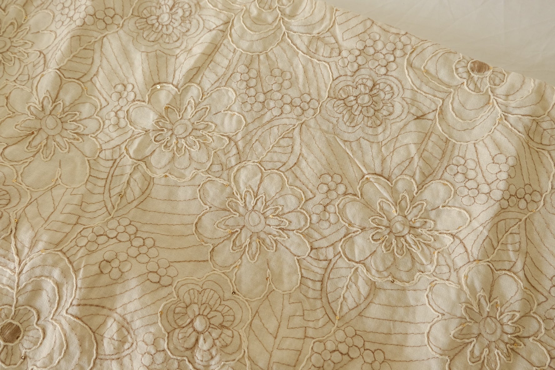 Ivory Dimensional Floral Embroidered Cotton Linen Fabric with Sequins – 1.53 yd Piece