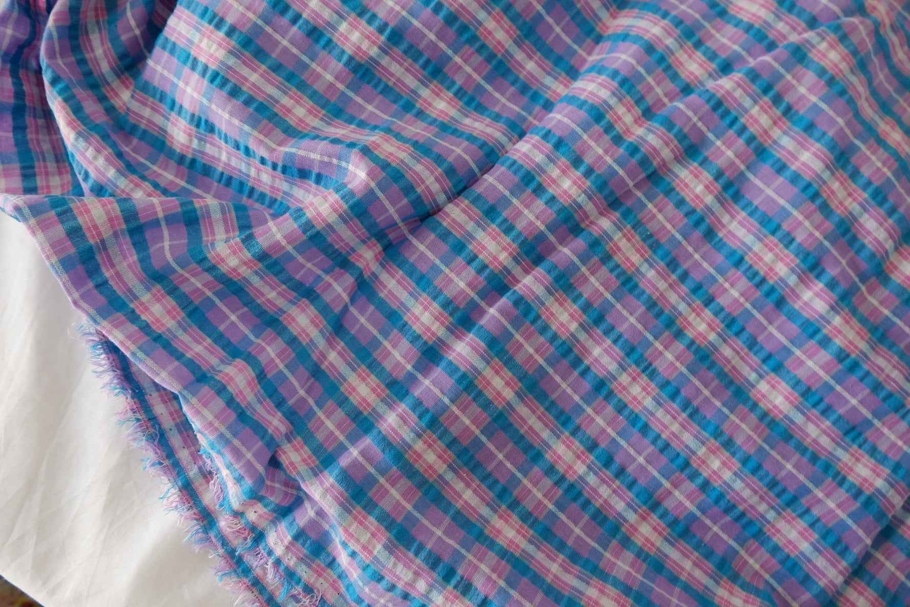 Textured Cotton Blend Plaid Fabric – Pastel Blue & Pink Check – 2.2 yd