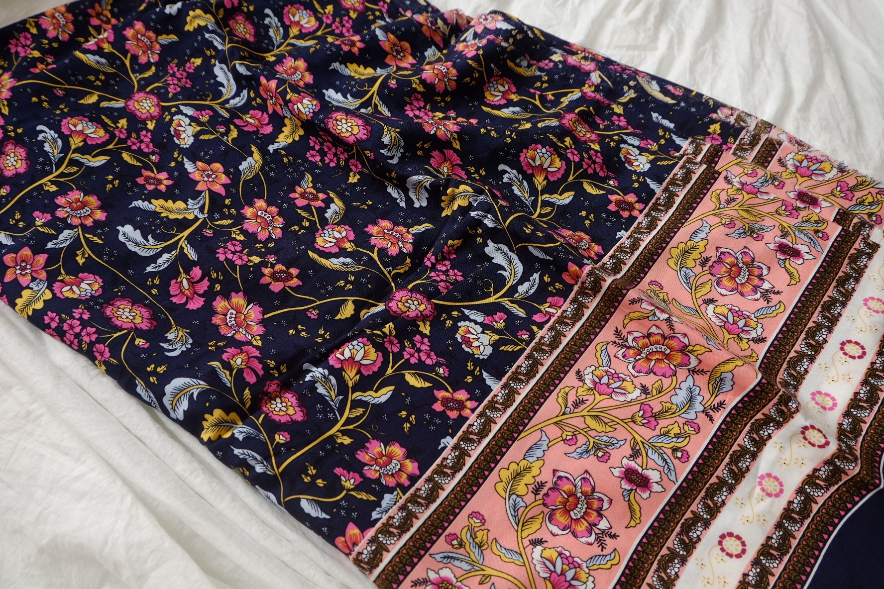Double Border Floral Rayon Fabric in Navy and Pink, Soft & Drapey, 3.3 Yards