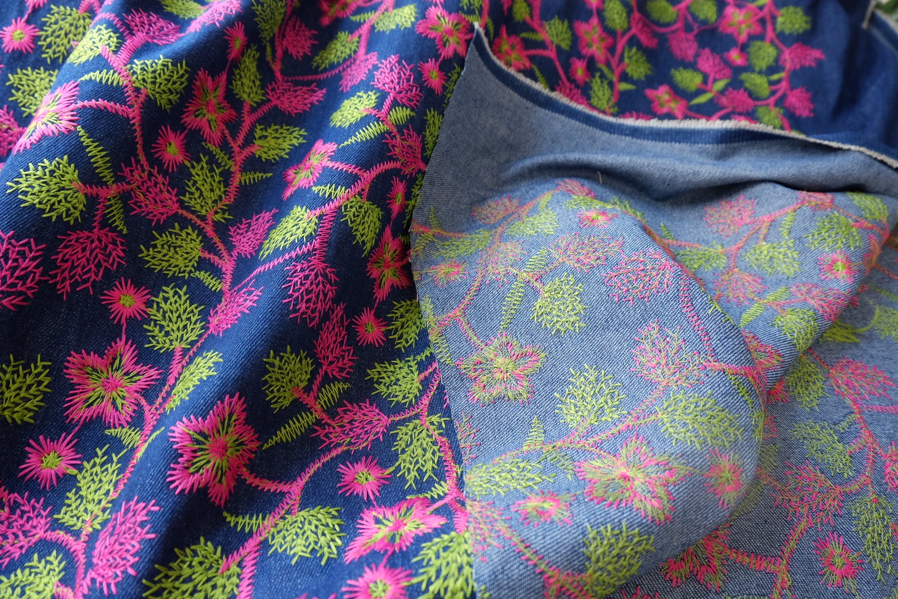 Pink & Green Floral Embroidered Cotton Denim Fabric - Sold by 0.55 yd