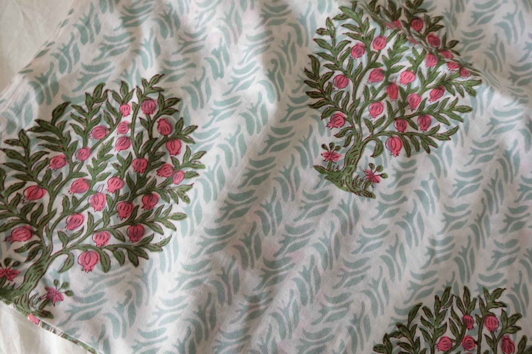 Indian Hand Block Printed Cotton Fabric – Mint Botanical Garden Pattern – Sold by the Meter