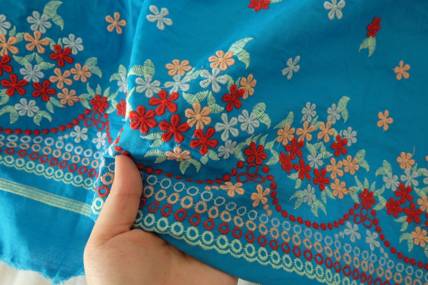 Double-Sided Floral Embroidered Cotton Fabric – Soft Blue Base – 1.9 yd Cut