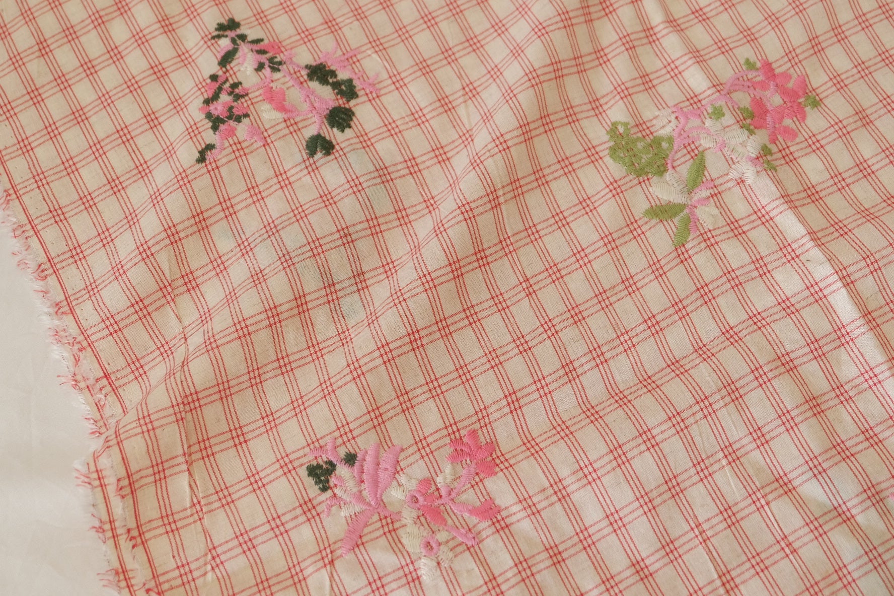 Embroidered Linen Cotton Blend Check Fabric – Pink Floral Detail – 1.3 yd