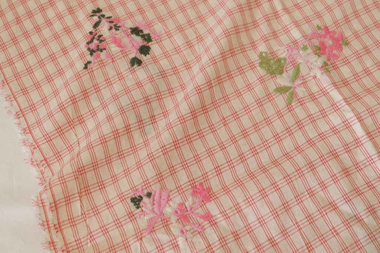 Embroidered Linen Cotton Blend Check Fabric – Pink Floral Detail – 1.3 yd