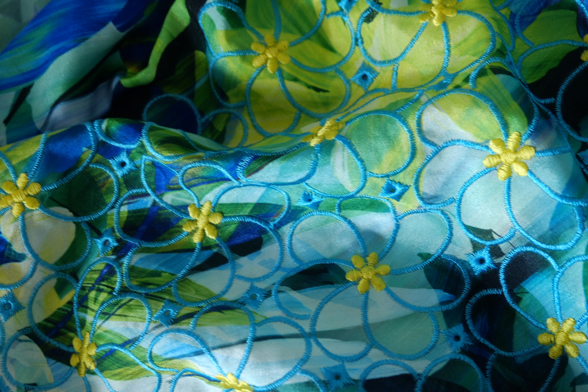 Tropical Blue Garden Embroidered Chiffon – 1.75 yd