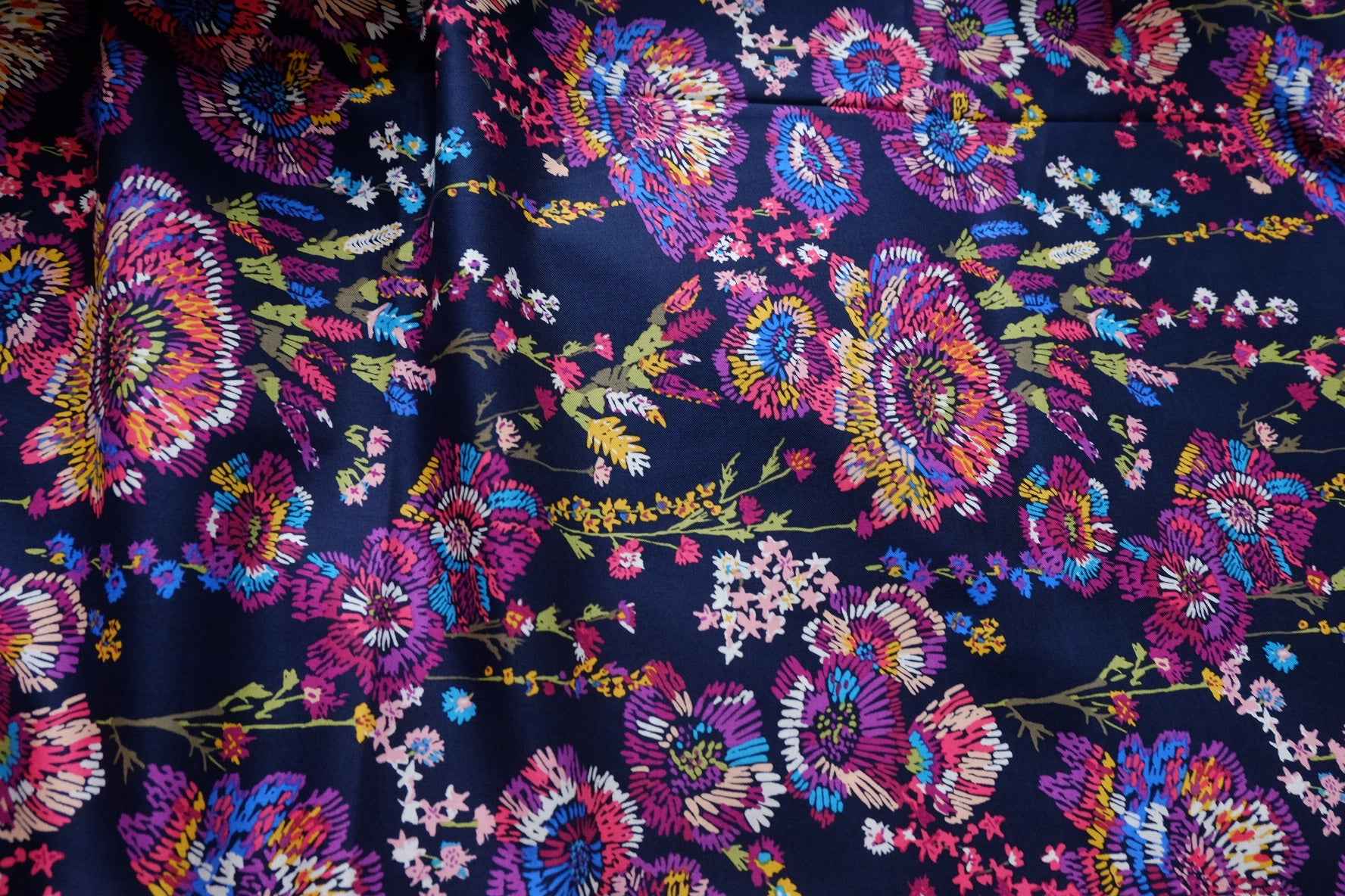 Navy Embroidered Floral Designer Deadstock Cotton Fabric - 1.64 Yards