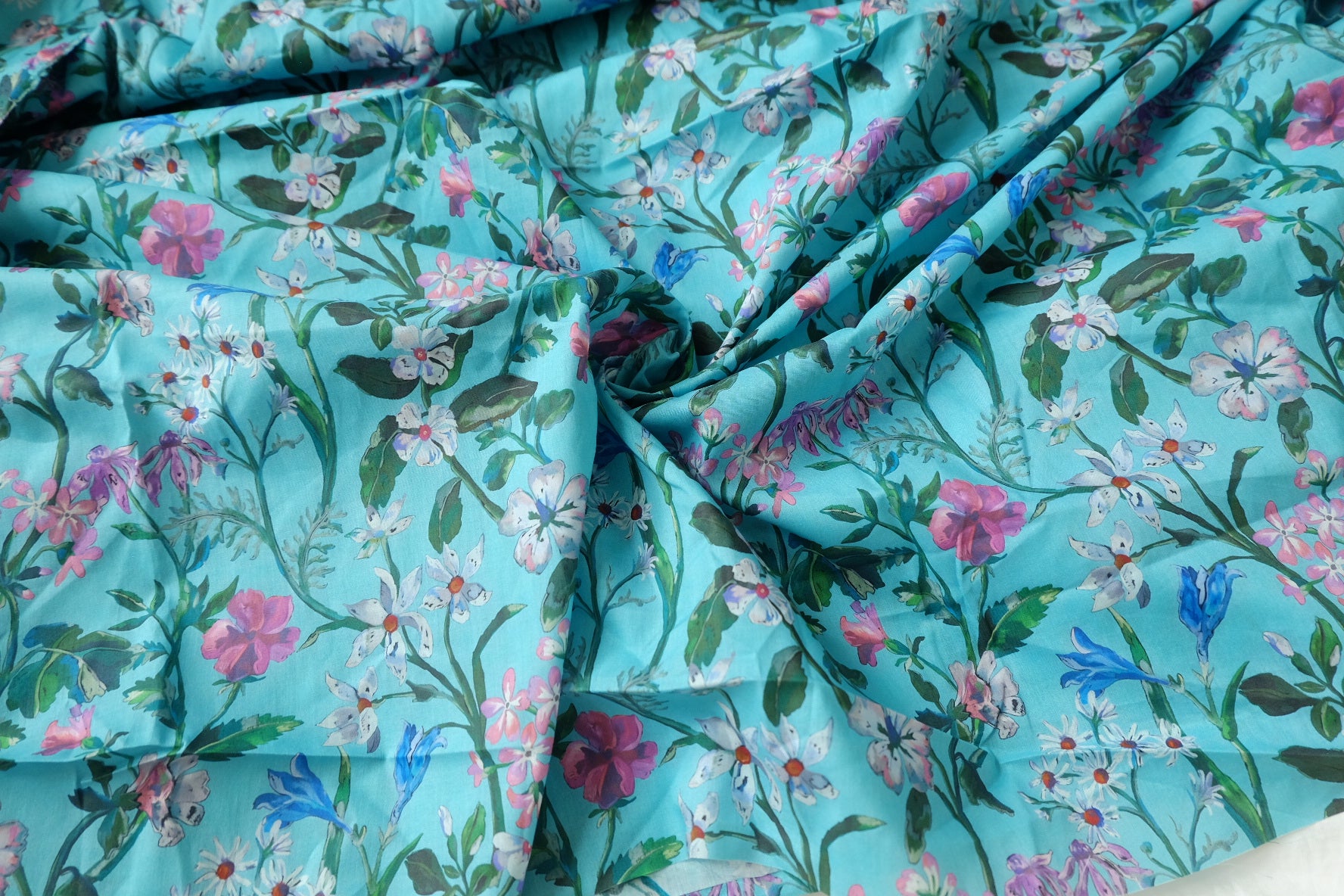 Turquoise Floral Cotton Lawn Fabric, Light & Silky, 3.3 Yards