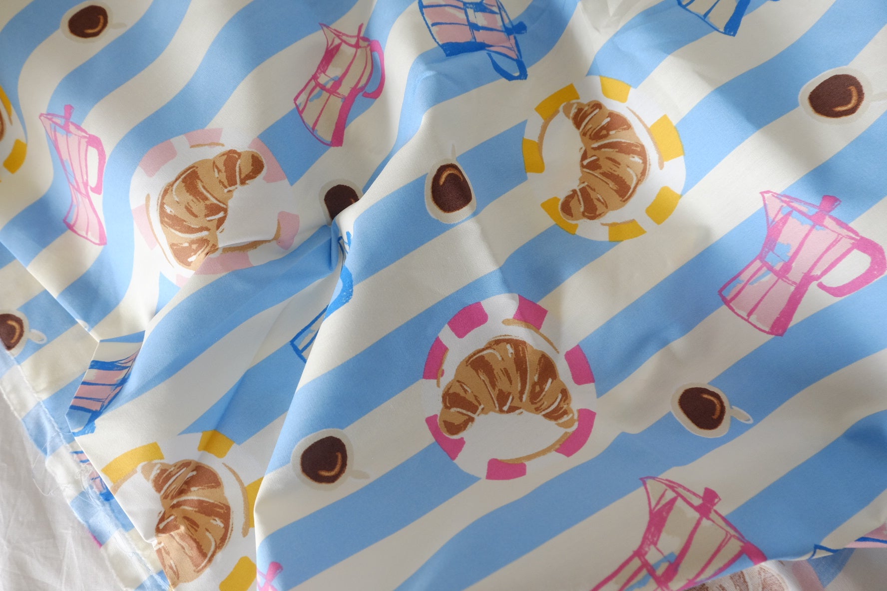 Breakfast Stripe Cotton Lawn Fabric – Croissant & Coffee Print – 1.64 yd or 2.19 yd