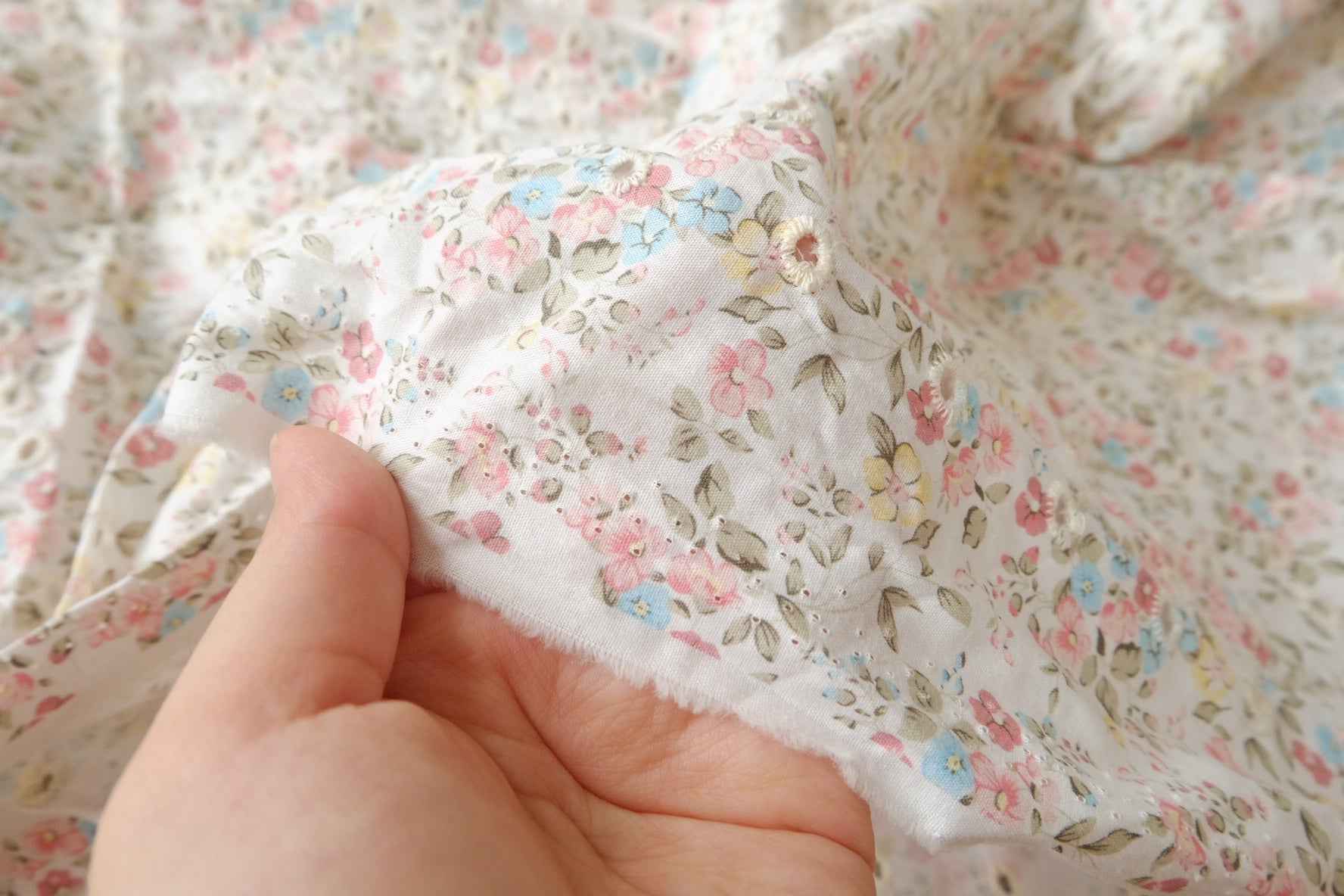 Floral Eyelet Embroidered Cotton Fabric, Soft Crisp Blouse Weight, 1.91 Yards