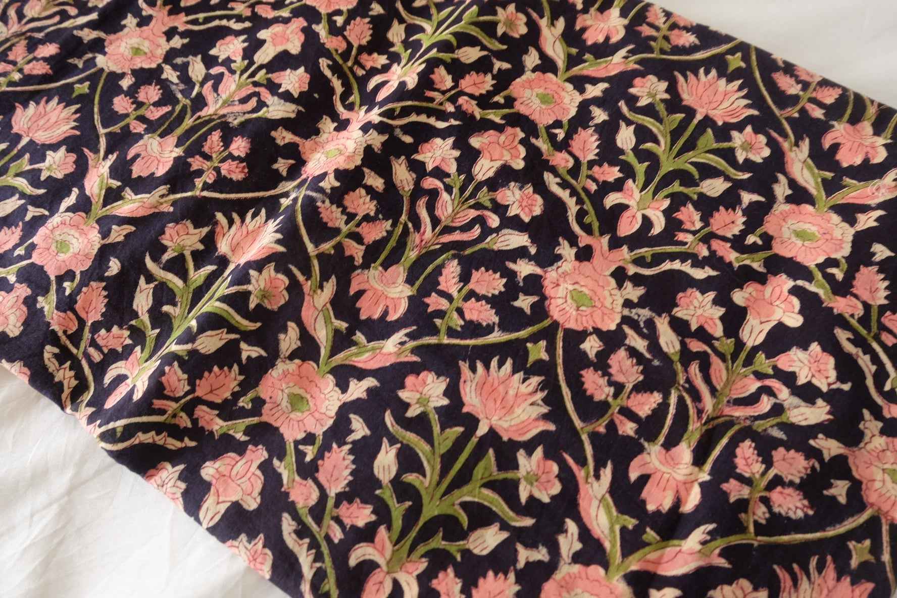 Indian Hand Block Printed Cotton Fabric – Pink Floral Vine on Deep Navy – Sold by the Meter