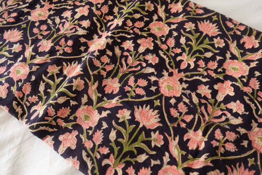 Indian Hand Block Printed Cotton Fabric – Pink Floral Vine on Deep Navy – Sold by the Meter