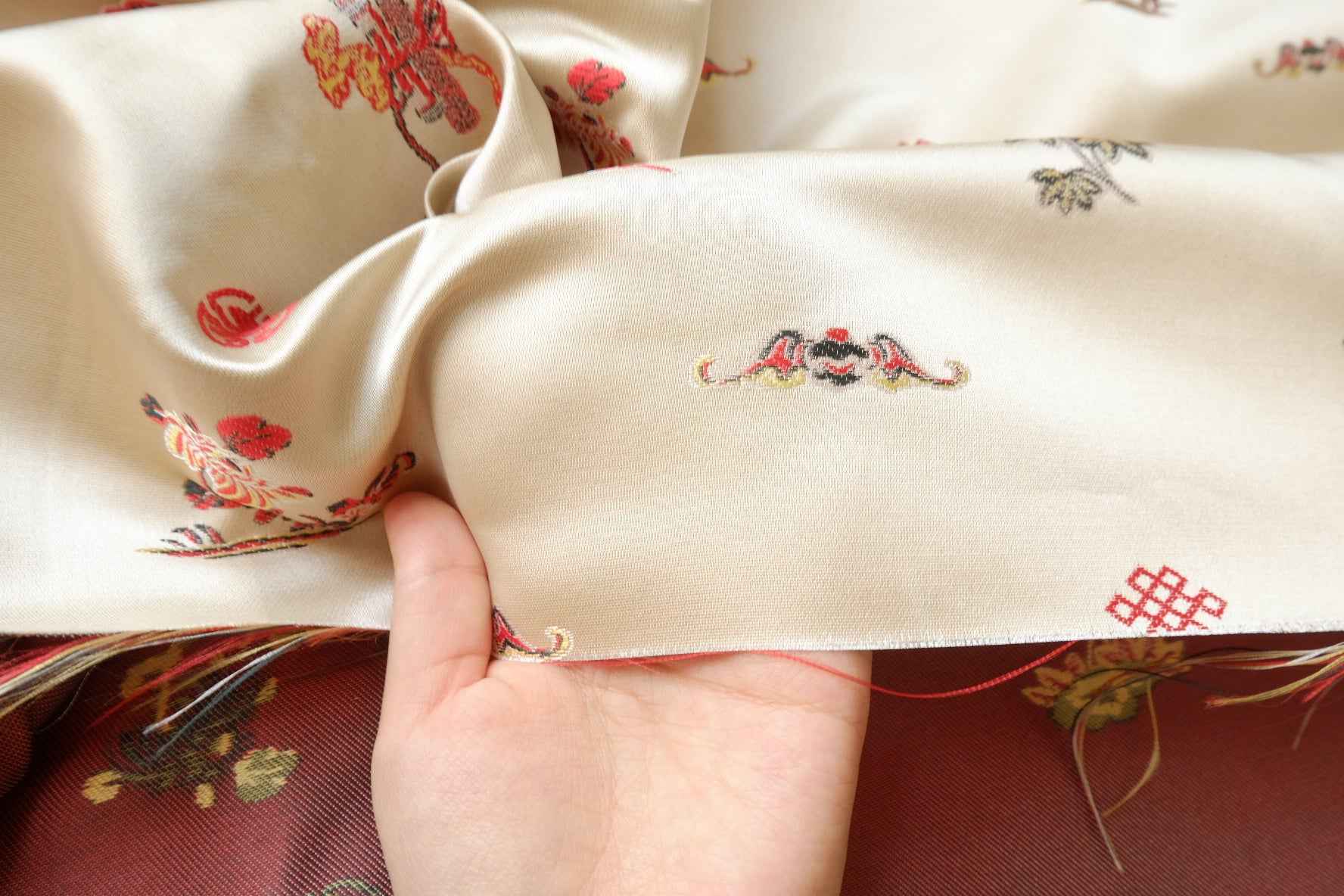 Chinese Motif Brocade Fabric, Ivory Jacquard Satin for Jackets and Vests, 2.19 Yards