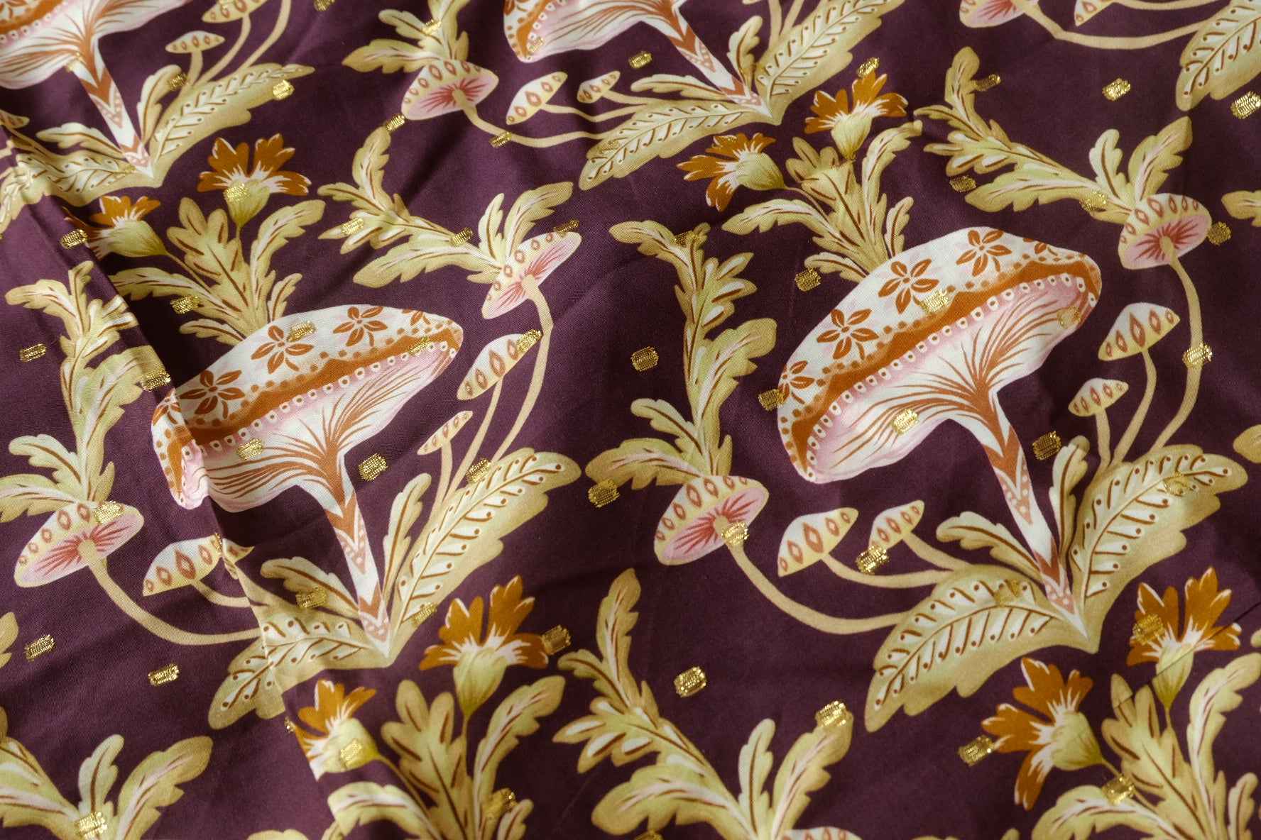 Whimsical Mushroom Botanical Dress Fabric with Gold Woven Detail, Soft Drapey Dress Weight, 3.28 Yards
