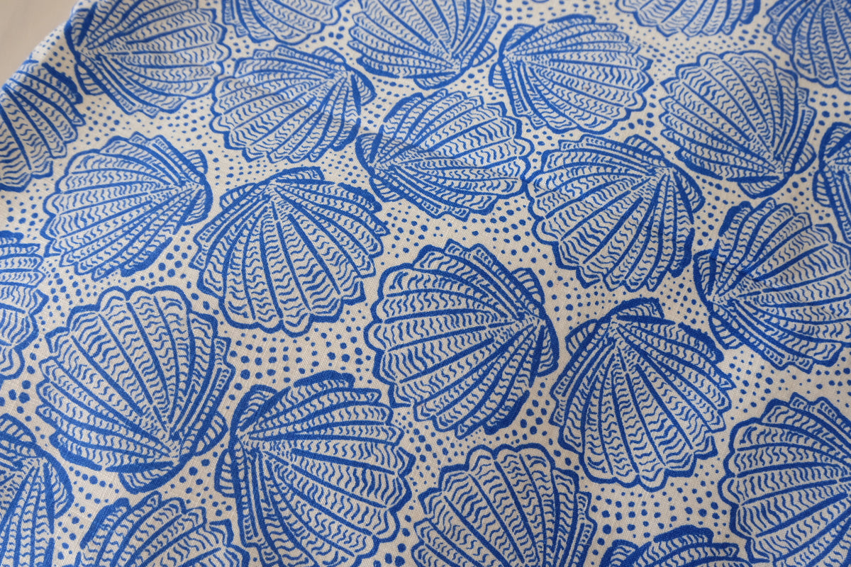 Blue Seashells – Cotton Linen Blend with Removable Backing – 2.2 yd