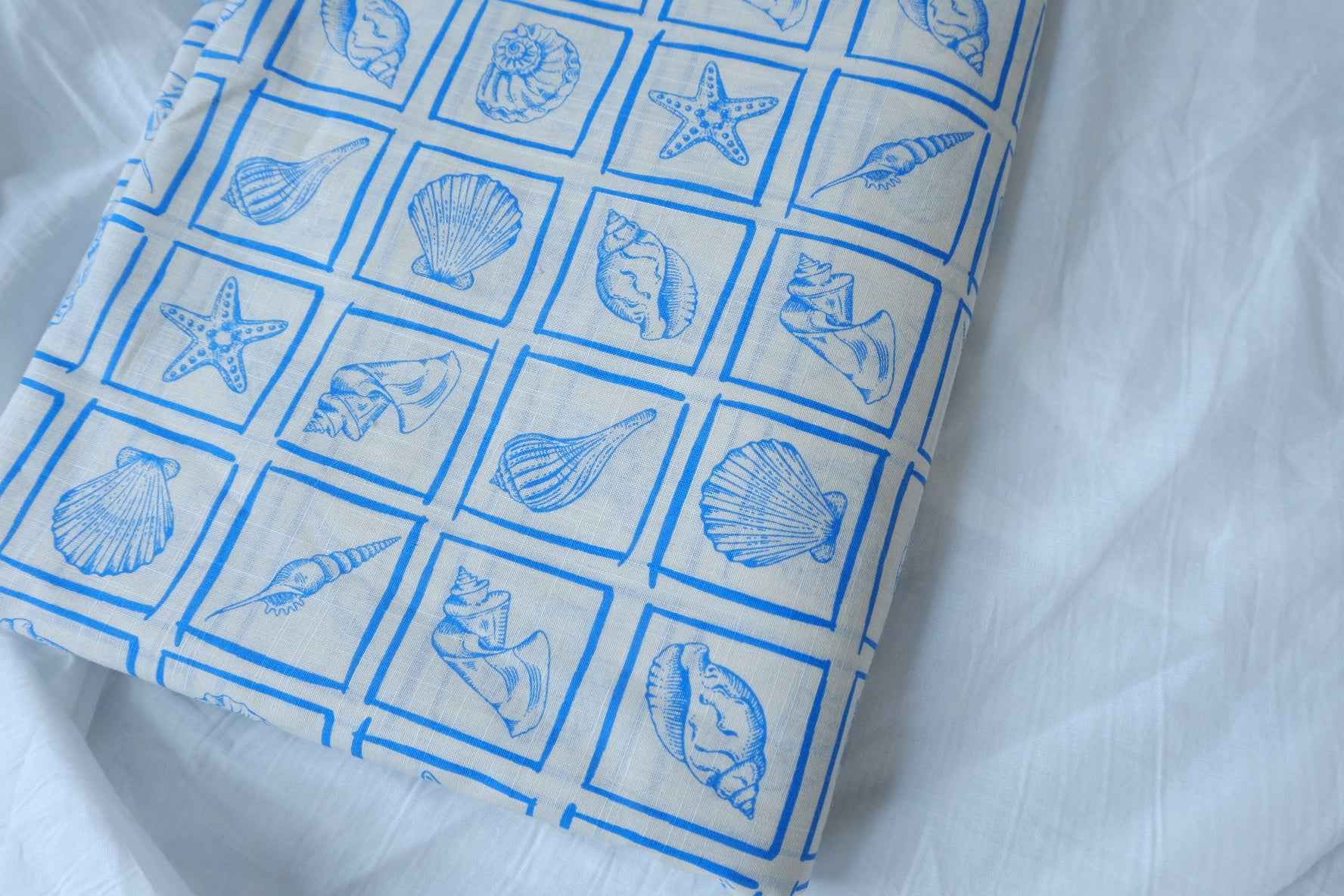 Blue Shell Print Linen Cotton Fabric, Crisp Summer Weight for Dresses and Tops, 3.28 Yards