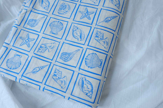 Blue Shell Print Linen Cotton Fabric, Crisp Summer Weight for Dresses and Tops, 3.28 Yards