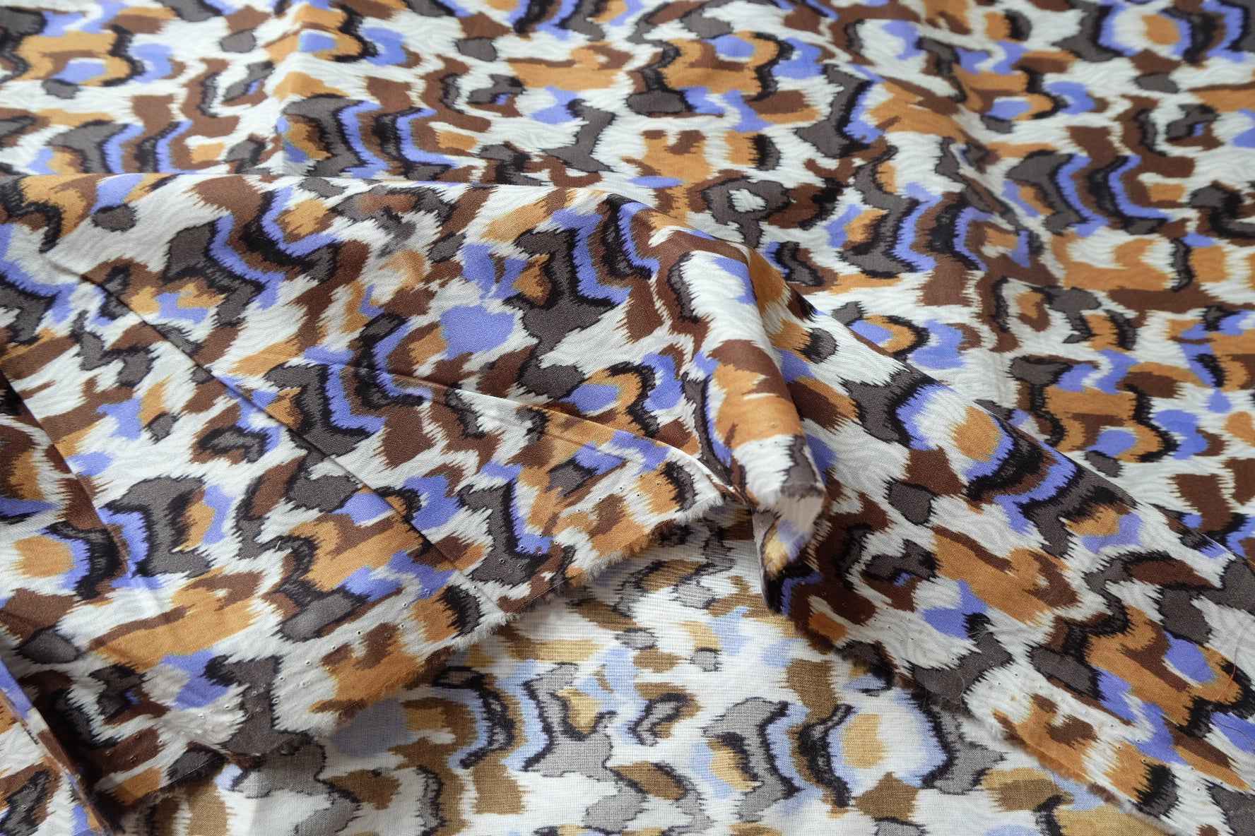 Abstract Brown and Blue Cotton Fabric, Lightweight Apparel Weight, 2.08 Yards