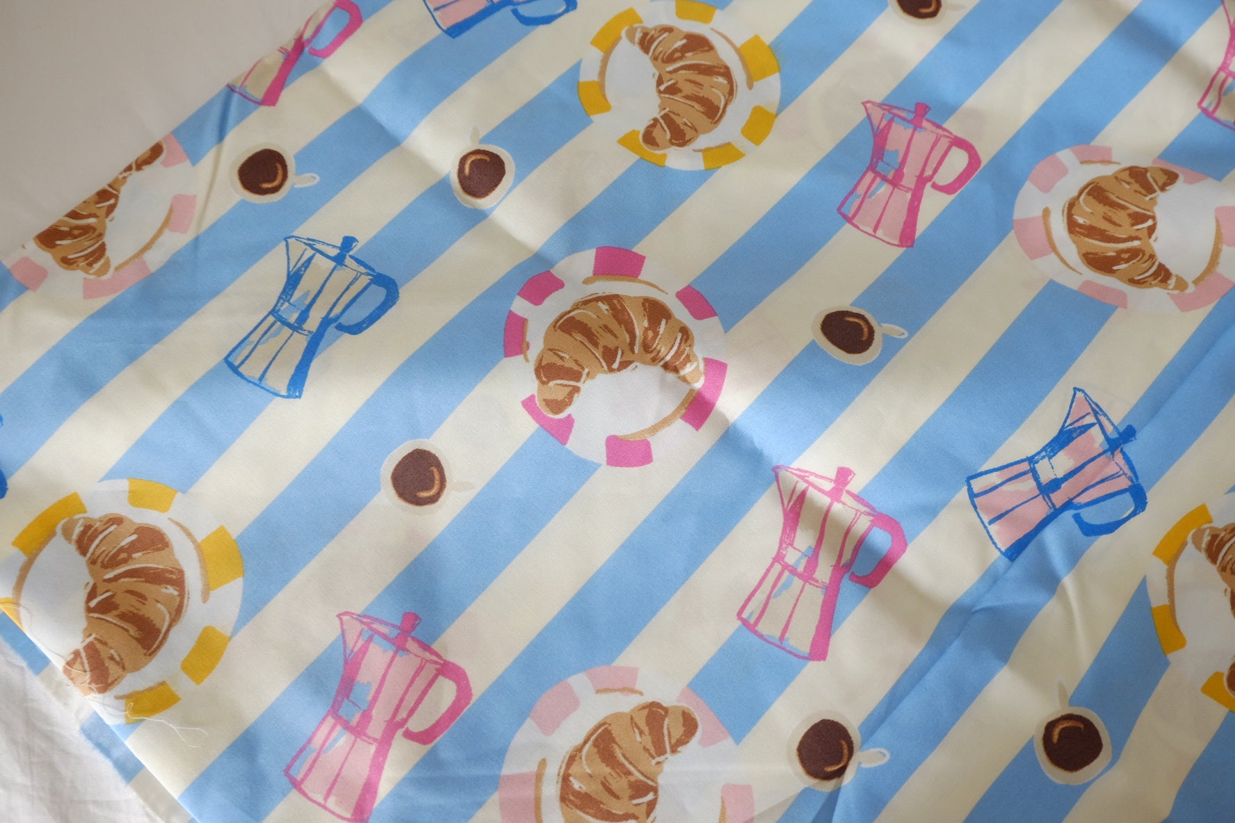 Breakfast Stripe Cotton Lawn Fabric – Croissant & Coffee Print – 1.64 yd or 2.19 yd