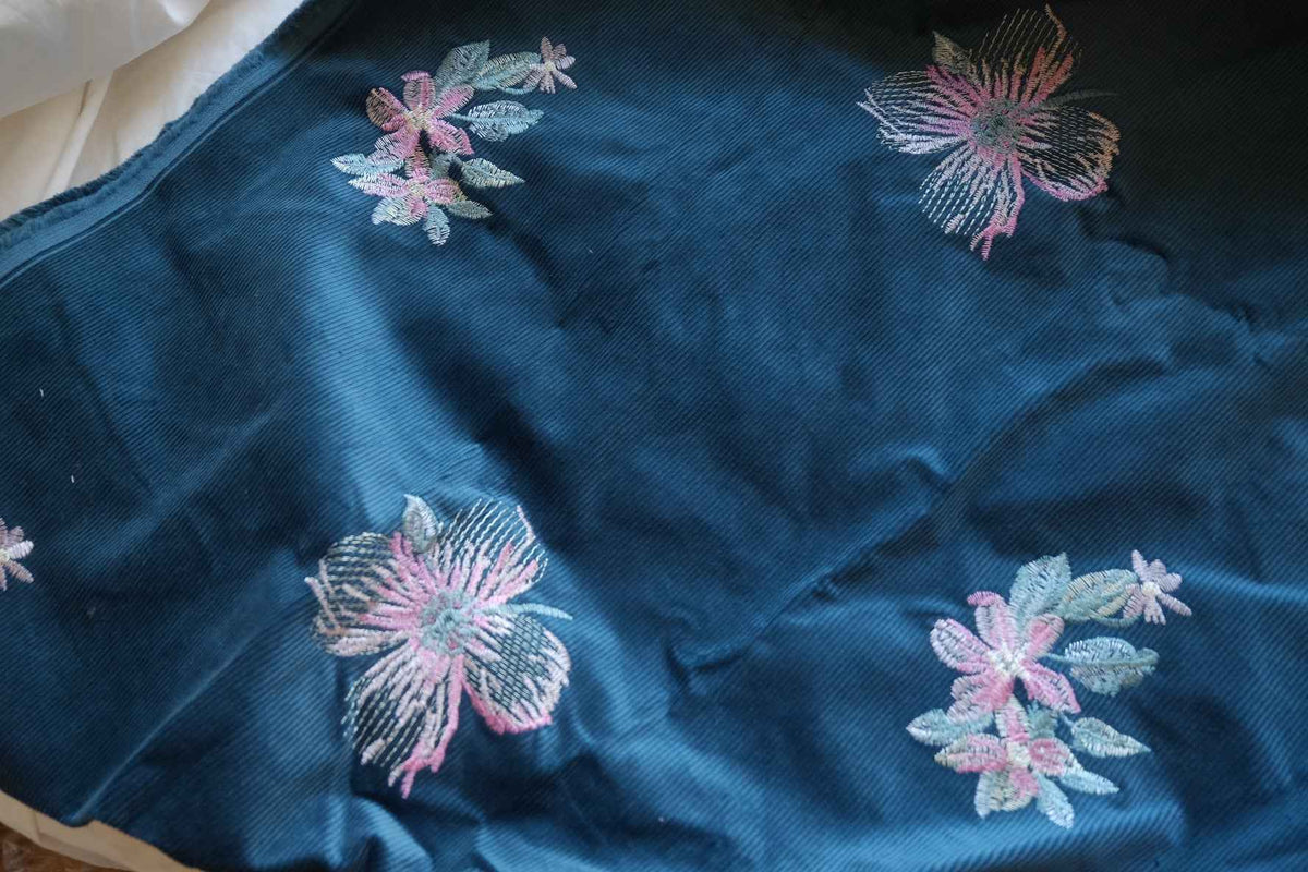 Midnight Teal Floral Embroidered Cotton Corduroy Fabric