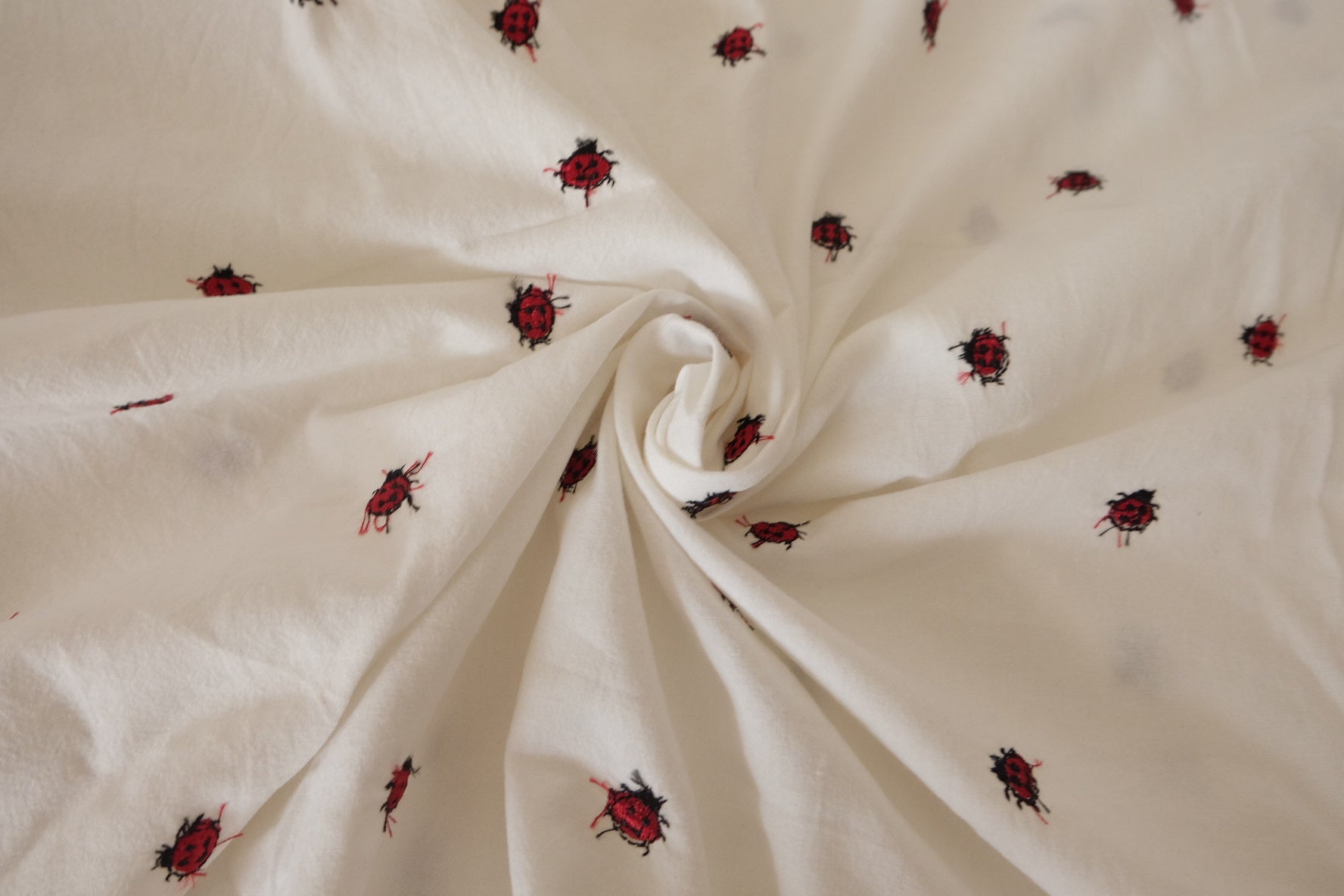 Ladybug Embroidered Washed Cotton Linen Fabric – 2.2 yd