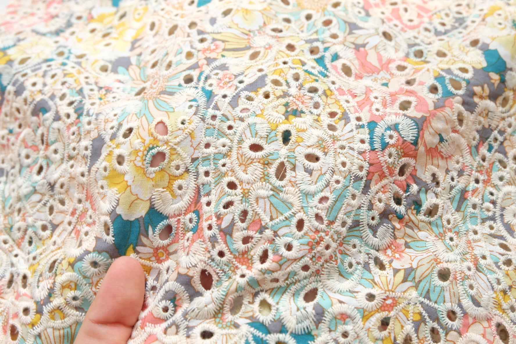 Floral Embroidered Eyelet Cotton Fabric, Soft Dress and Blouse Weight, 1.64 Yards