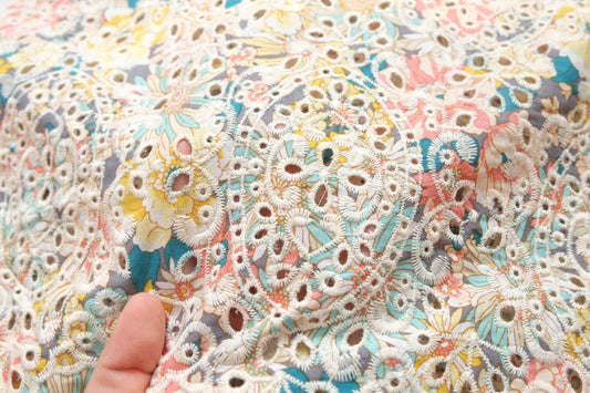 Floral Embroidered Eyelet Cotton Fabric, Soft Dress and Blouse Weight, 1.64 Yards