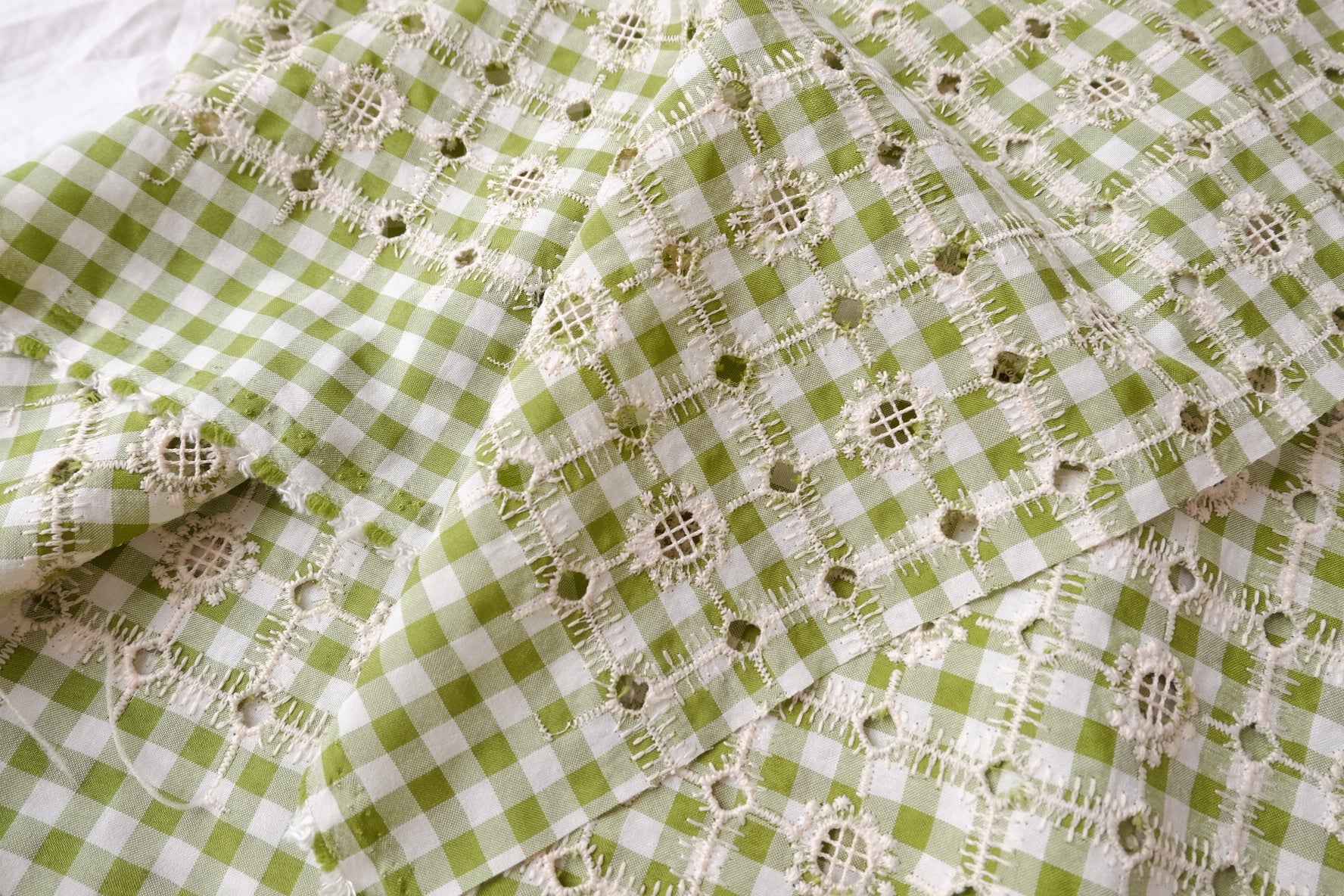 Apple Green Gingham Embroidered Eyelet Fabric, Lightweight Opaque Cotton Blend, 2.19 Yards