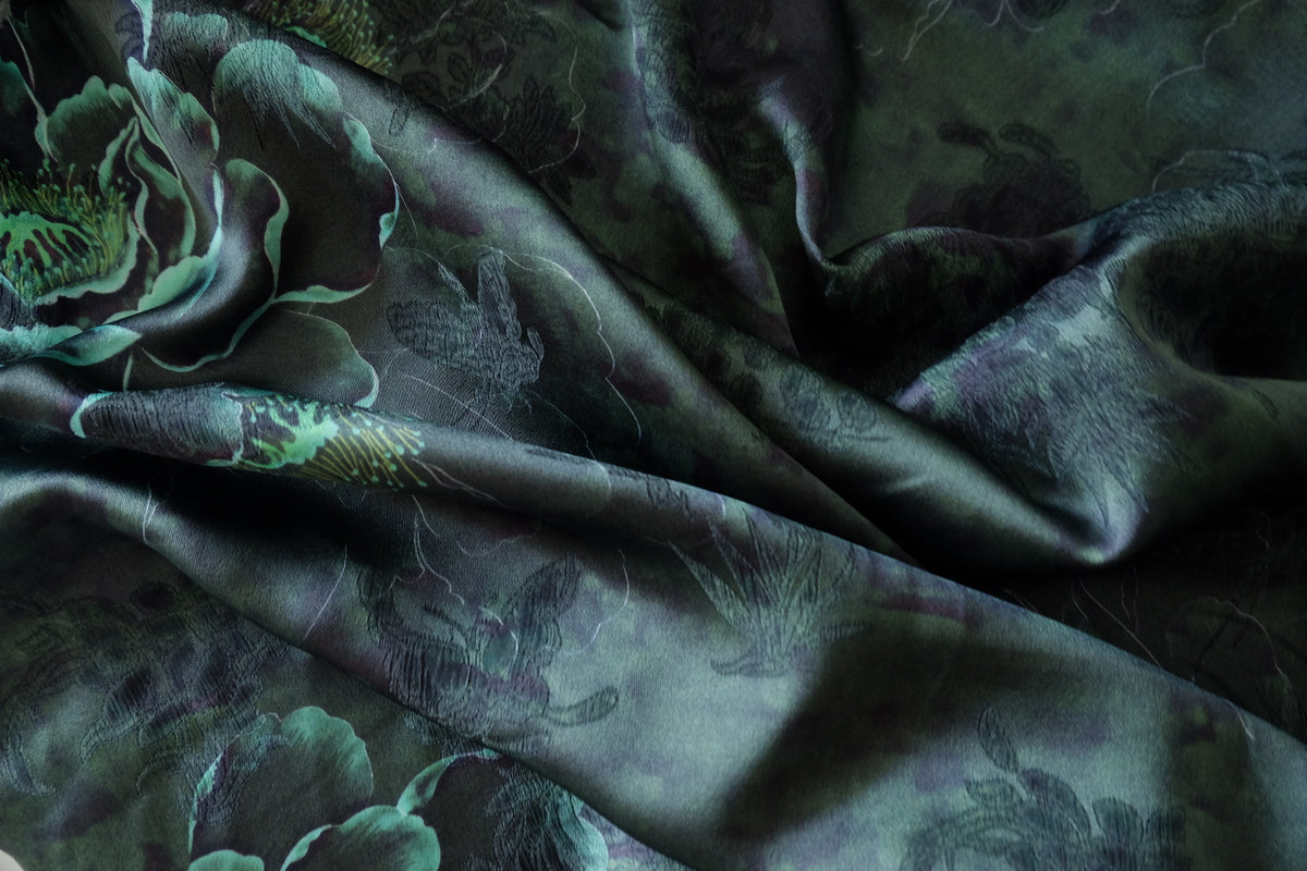 Midnight Emerald Floral Viscose Jacquard Satin-2.2 yards