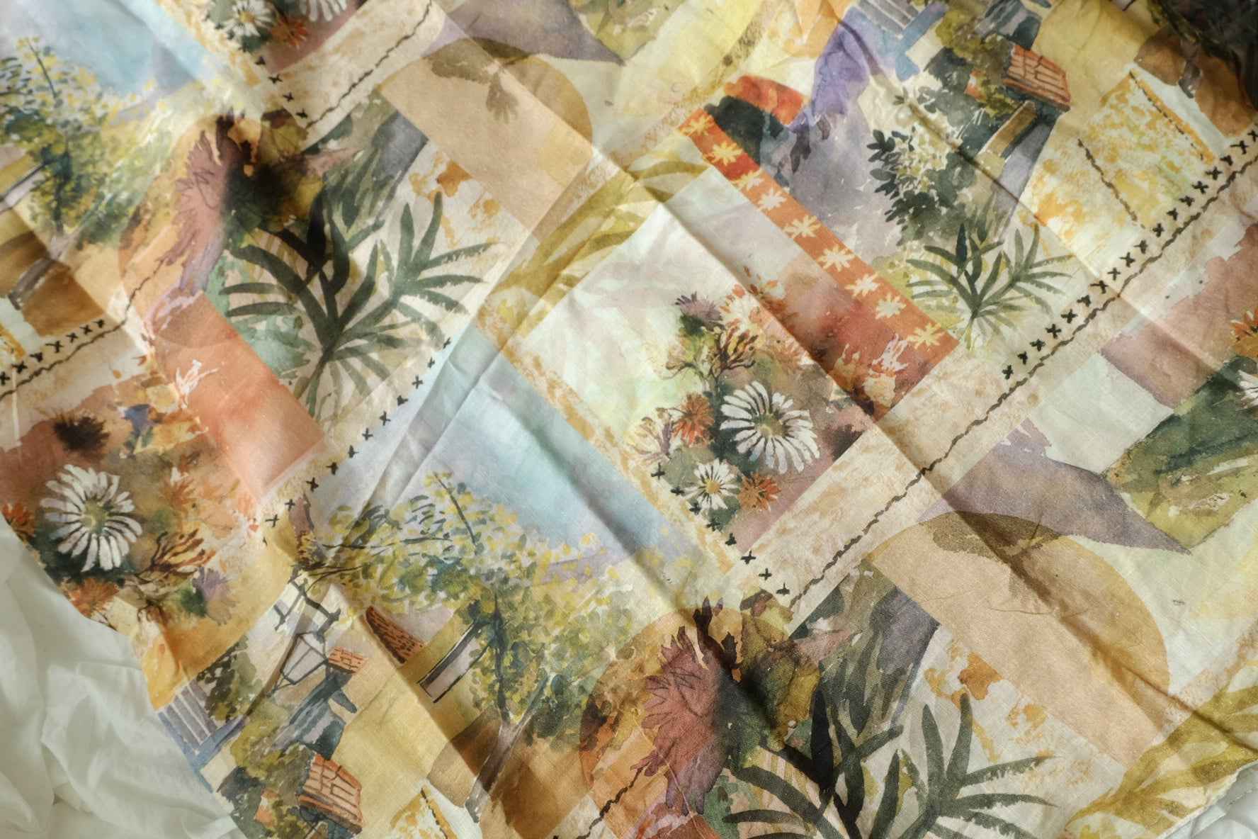 Linen Scenic Floral Fabric, Soft Vacation Dress Weight, 2.19 Yards