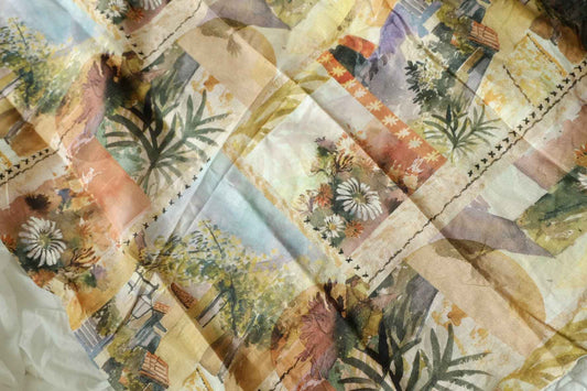 Linen Scenic Floral Fabric, Soft Vacation Dress Weight, 2.19 Yards