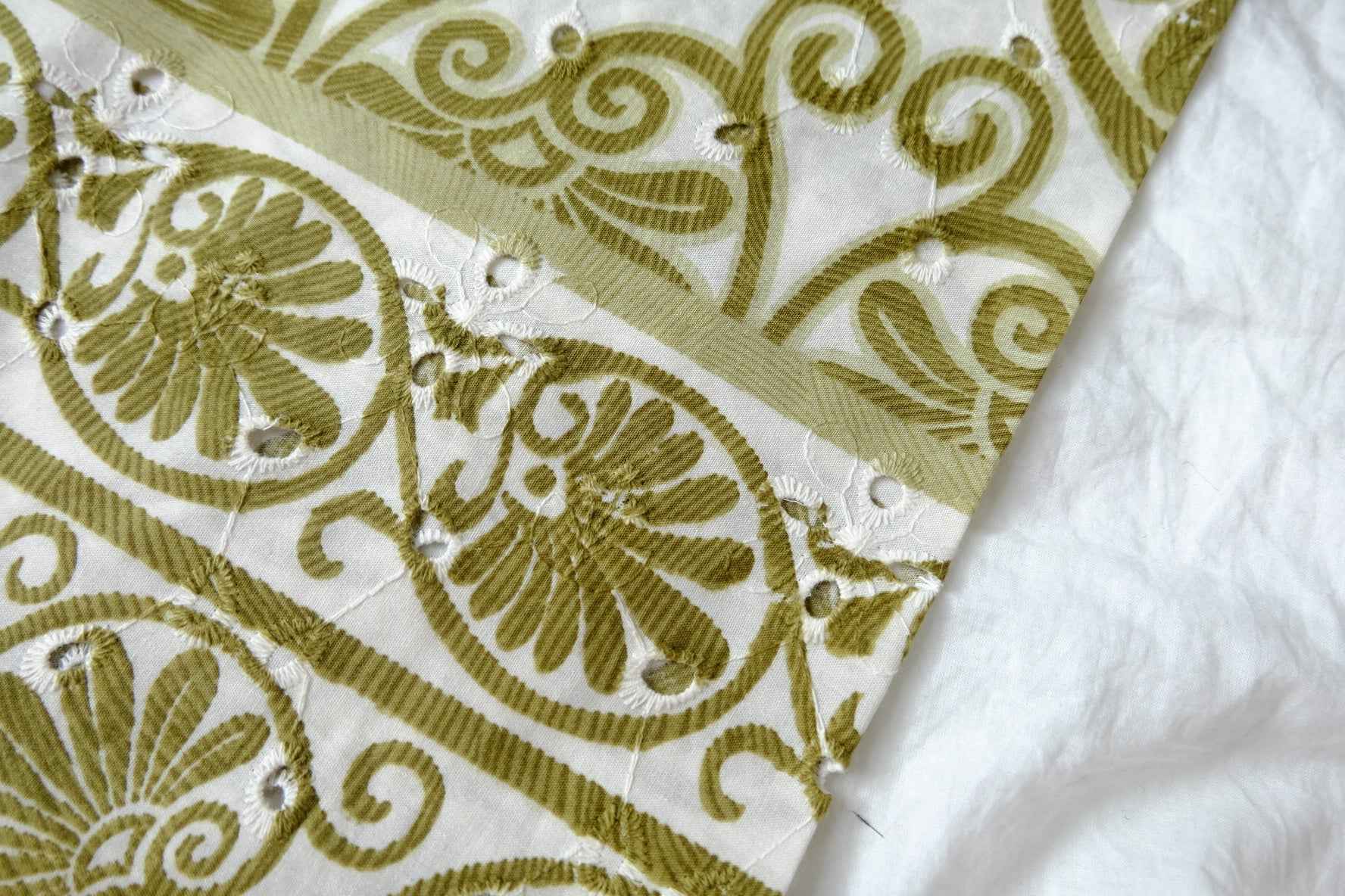 Olive Scrollwork Cotton Eyelet Embroidery Fabric - 1.53 Yards