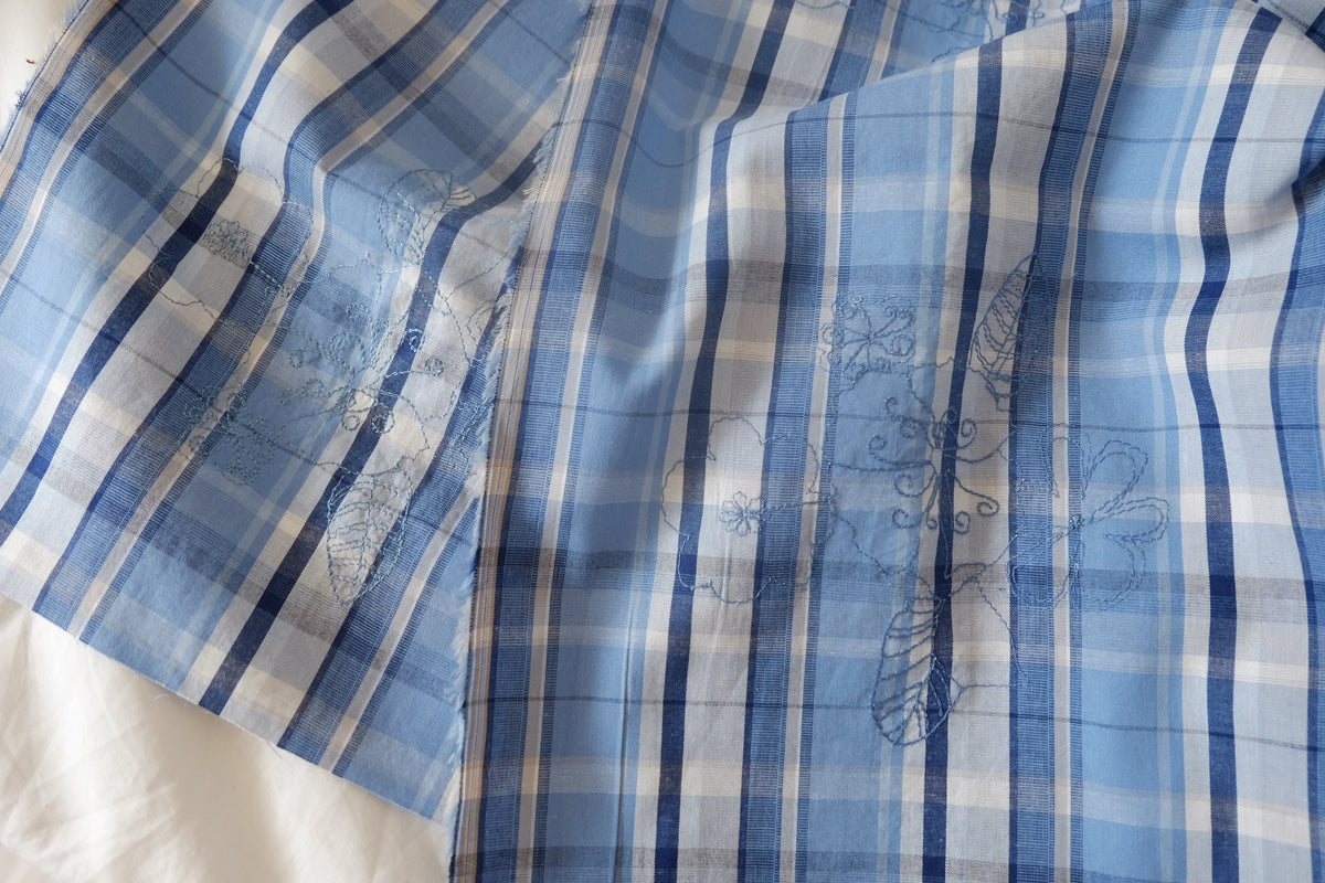 Blue Embroidered Plaid Yarn-Dyed Cotton – 1.6 yd
