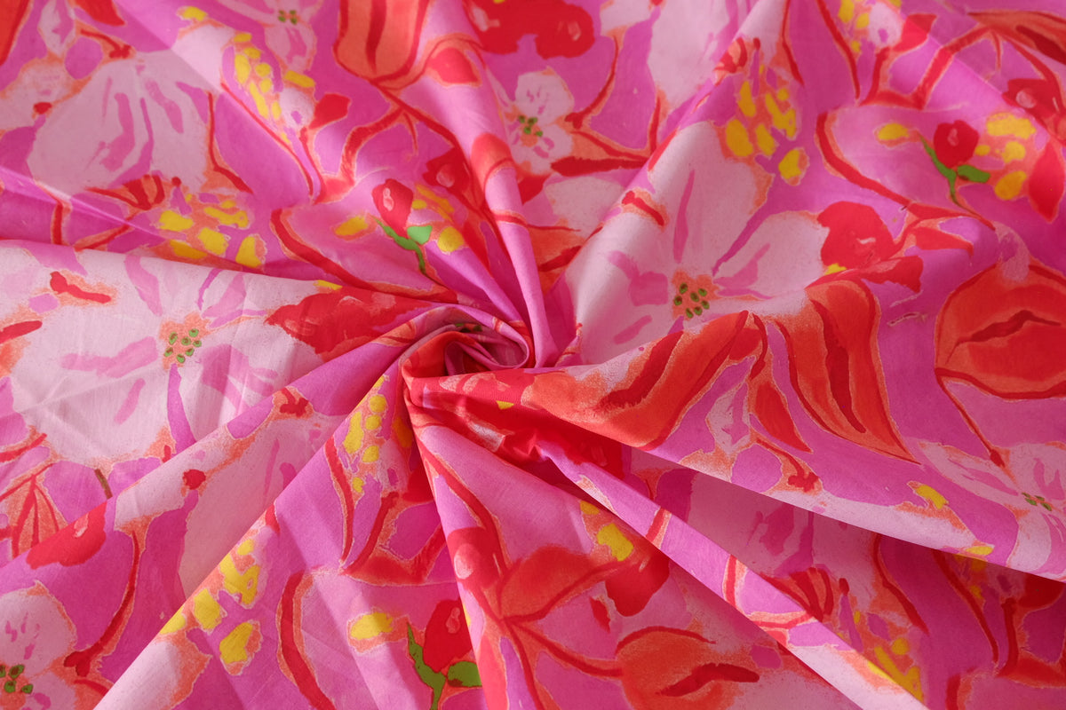 Hot Pink Floral High-Density Cotton Poplin Remnant – 1.1 yd
