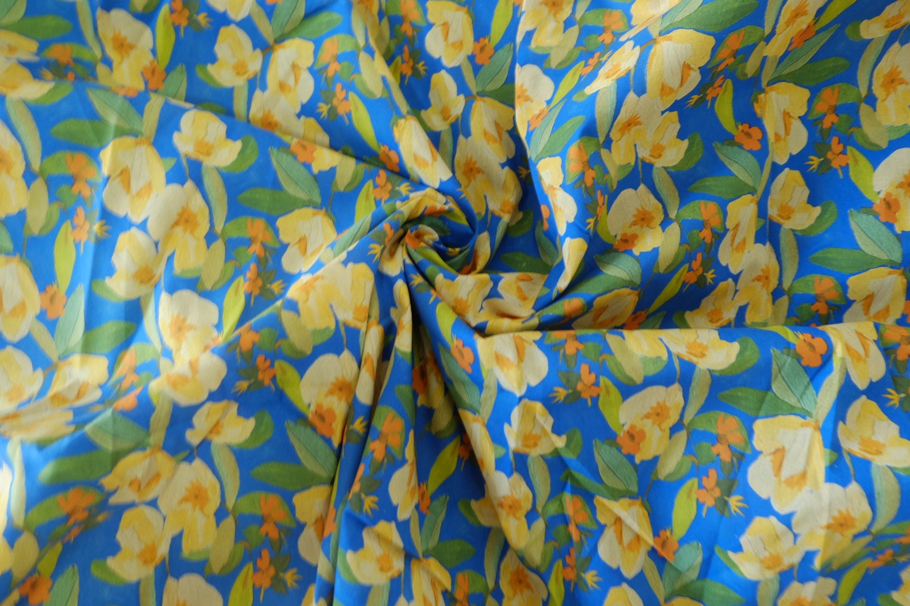 Blue Yellow Floral Cotton Lawn Fabric – 2.2 yd