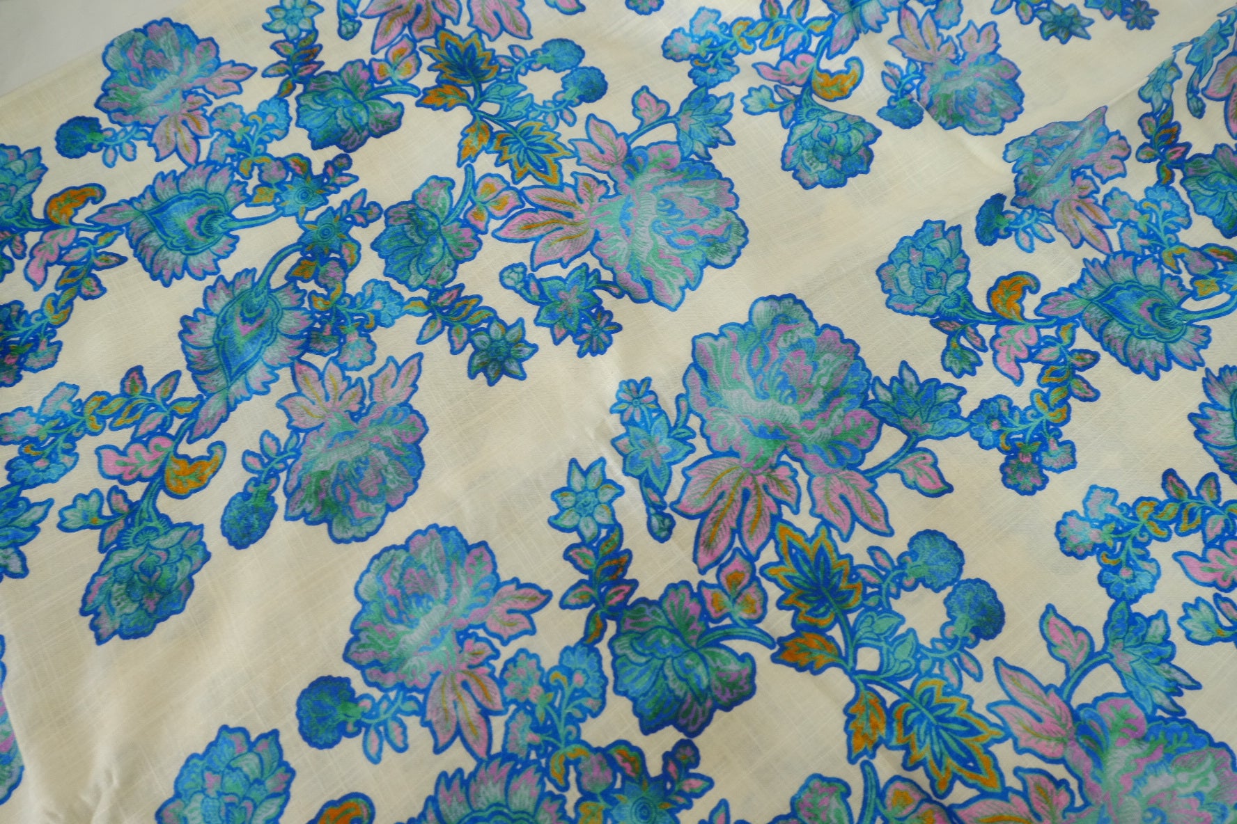 Blue Paisley Floral Linen Cotton Blend Fabric – 2.2 yd