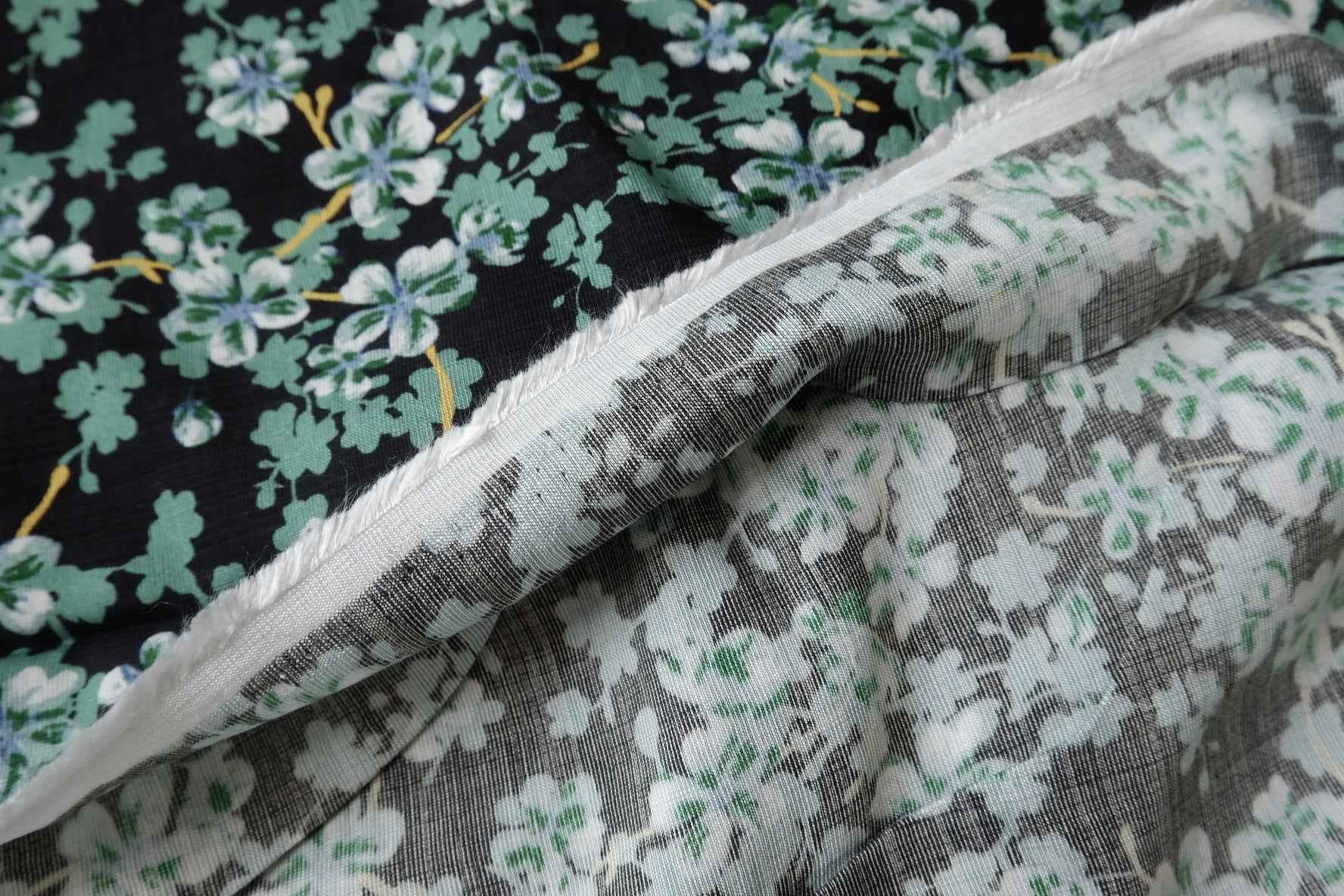 Heavy Tencel Linen Floral Fabric, Black with Green Ditsy Print, 1.64 Yards