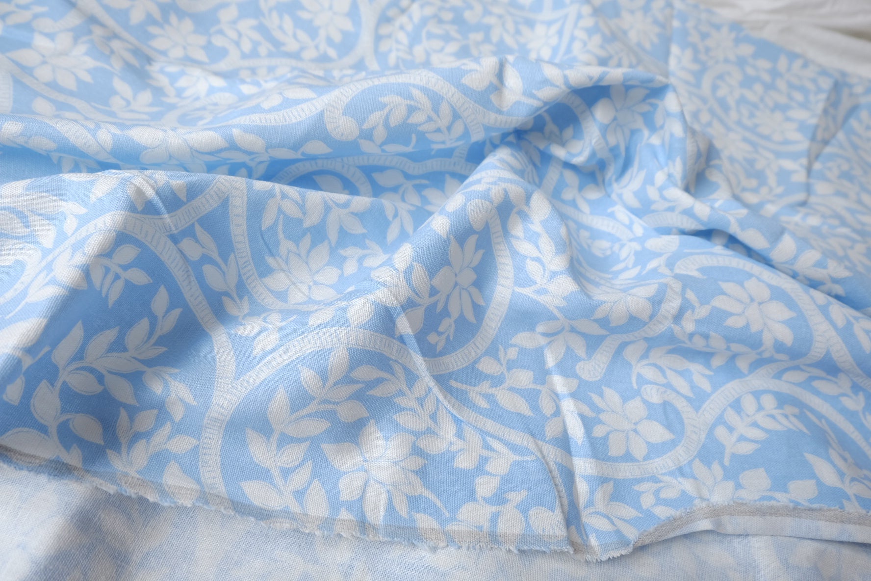 Sky Blue Vine Motif Structured Cotton Linen — 1.64 yd