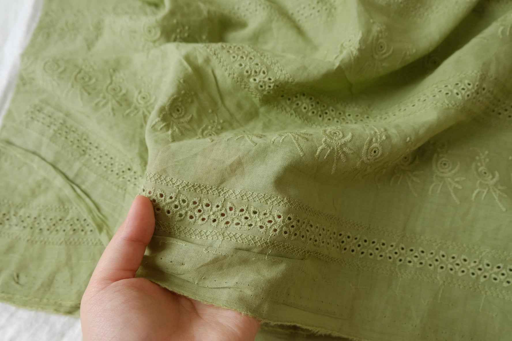 Sage Green Cotton Eyelet Embroidery Fabric - 2.19 Yards