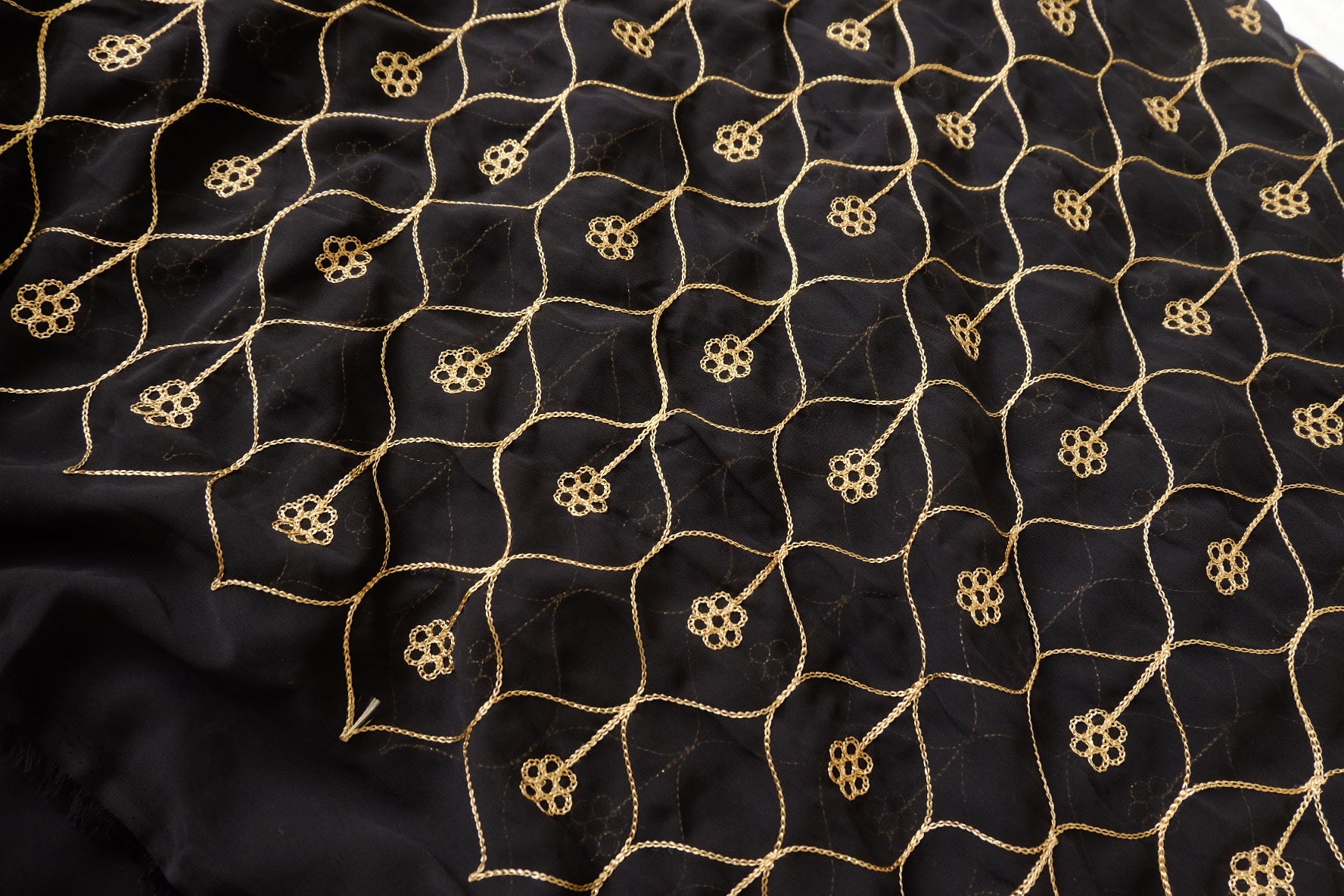 Gold Embroidered Sequin Mesh Fabric, 3.28 Yards
