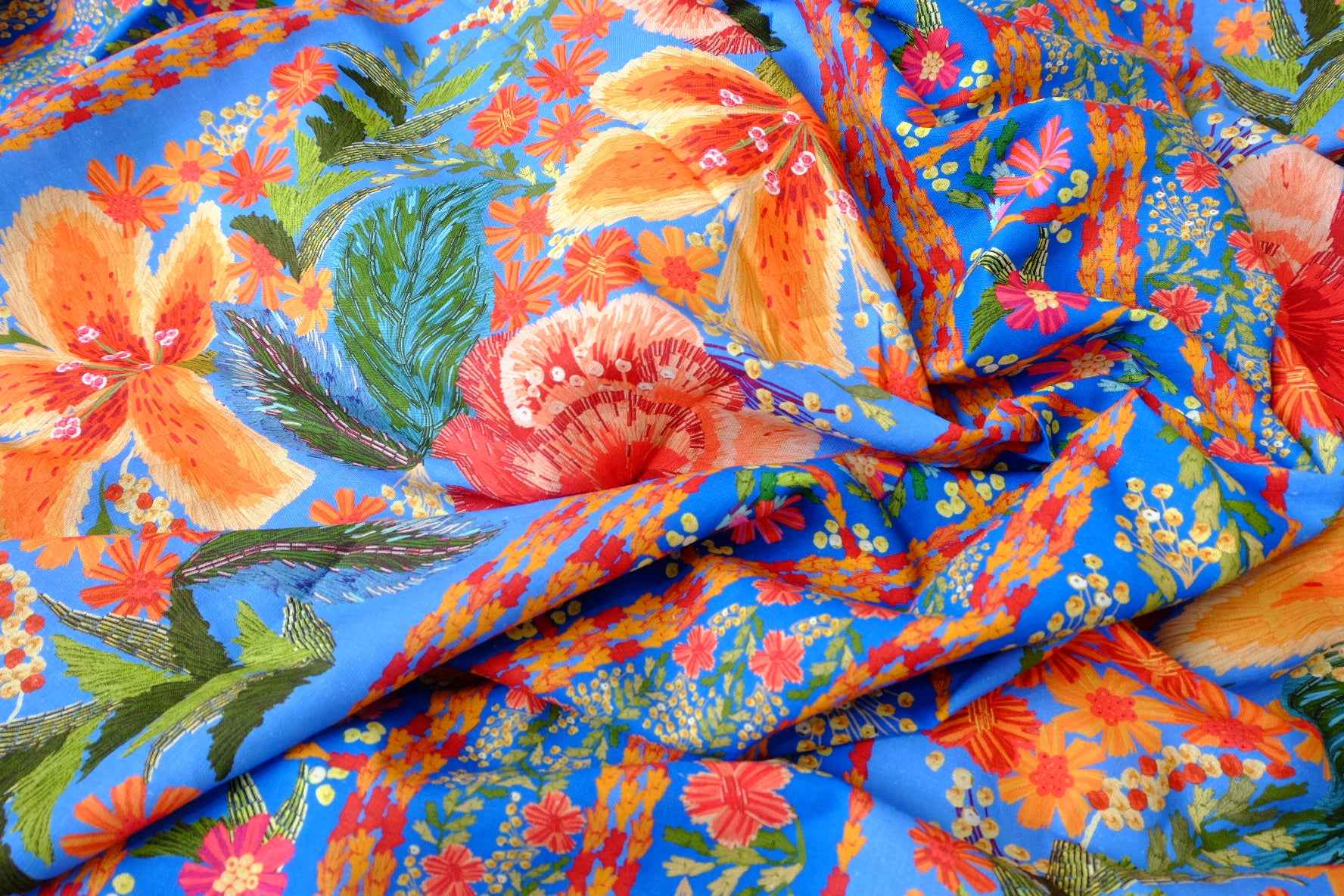 Farm Rio Deadstock Placement Floral Cotton Linen Fabric, Bright Blue Tropical Print, 1.66 Yards