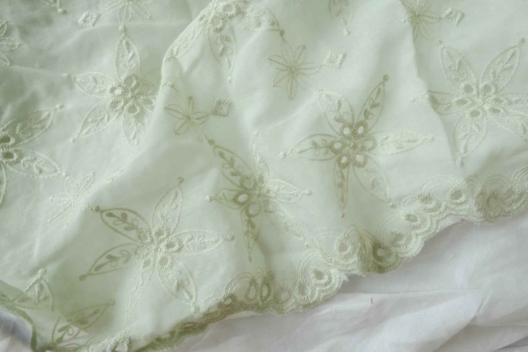 Embroidered Tencel Linen Fabric with Eyelet Lace Edge, Airy Dress Weight, 2.62 Yards