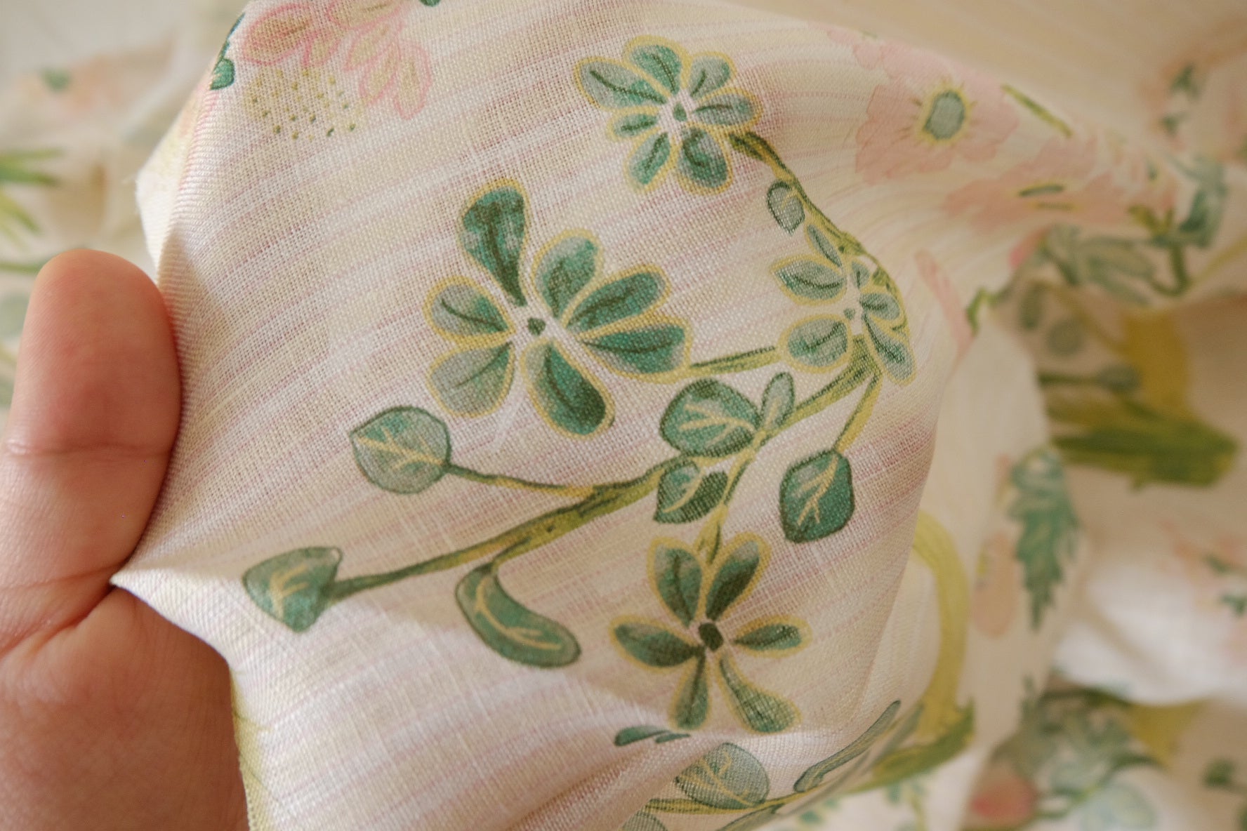 Pure Hemp Botanical Fabric in Soft Pink Green - 2.2 yd