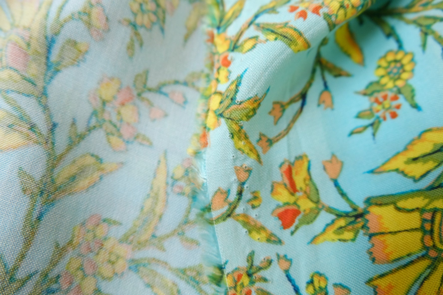 Sky Blue Floral Cotton Rayon Fabric, 3.28 Yards