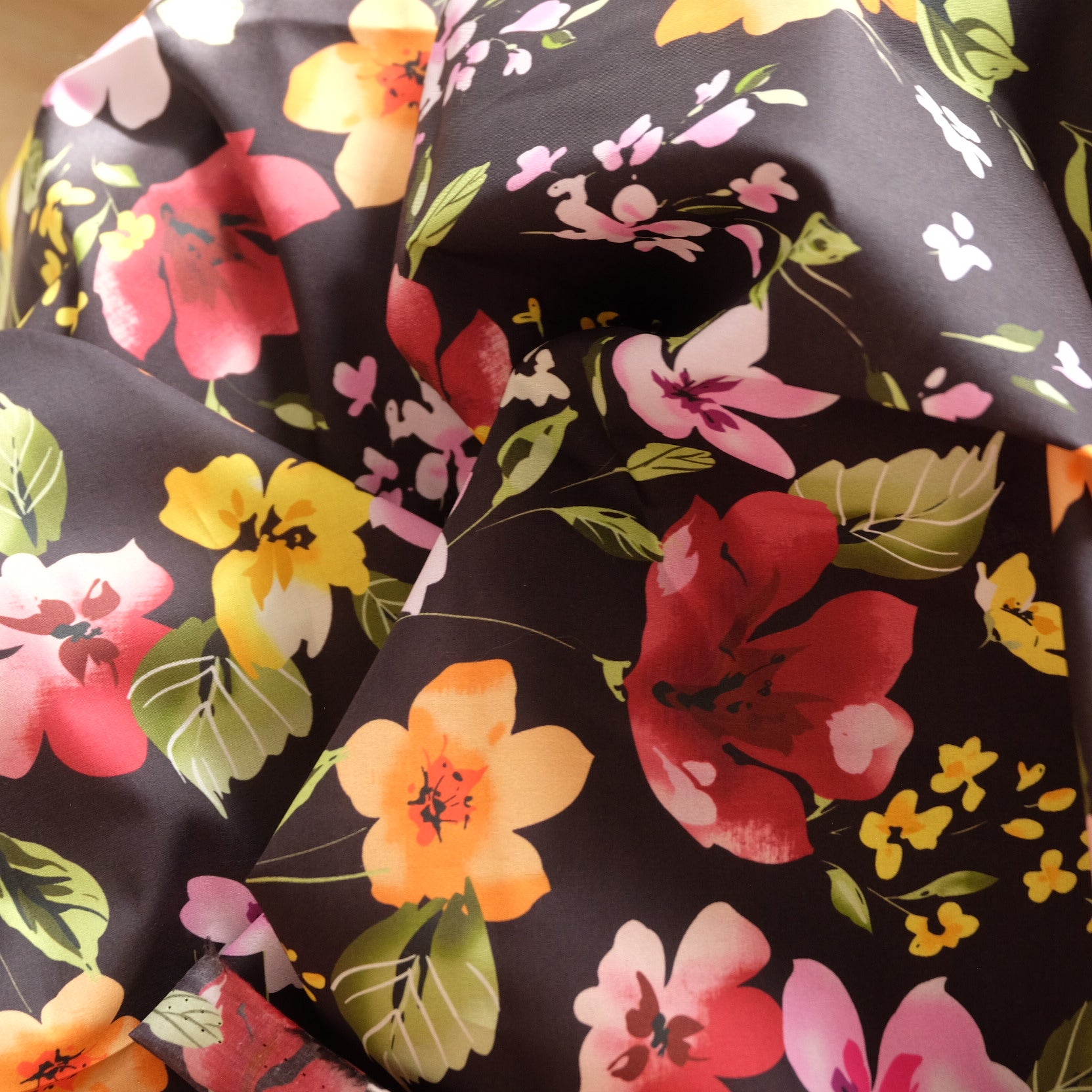 Dense Cotton Poplin Floral Fabric – Black Ground Dress Cotton