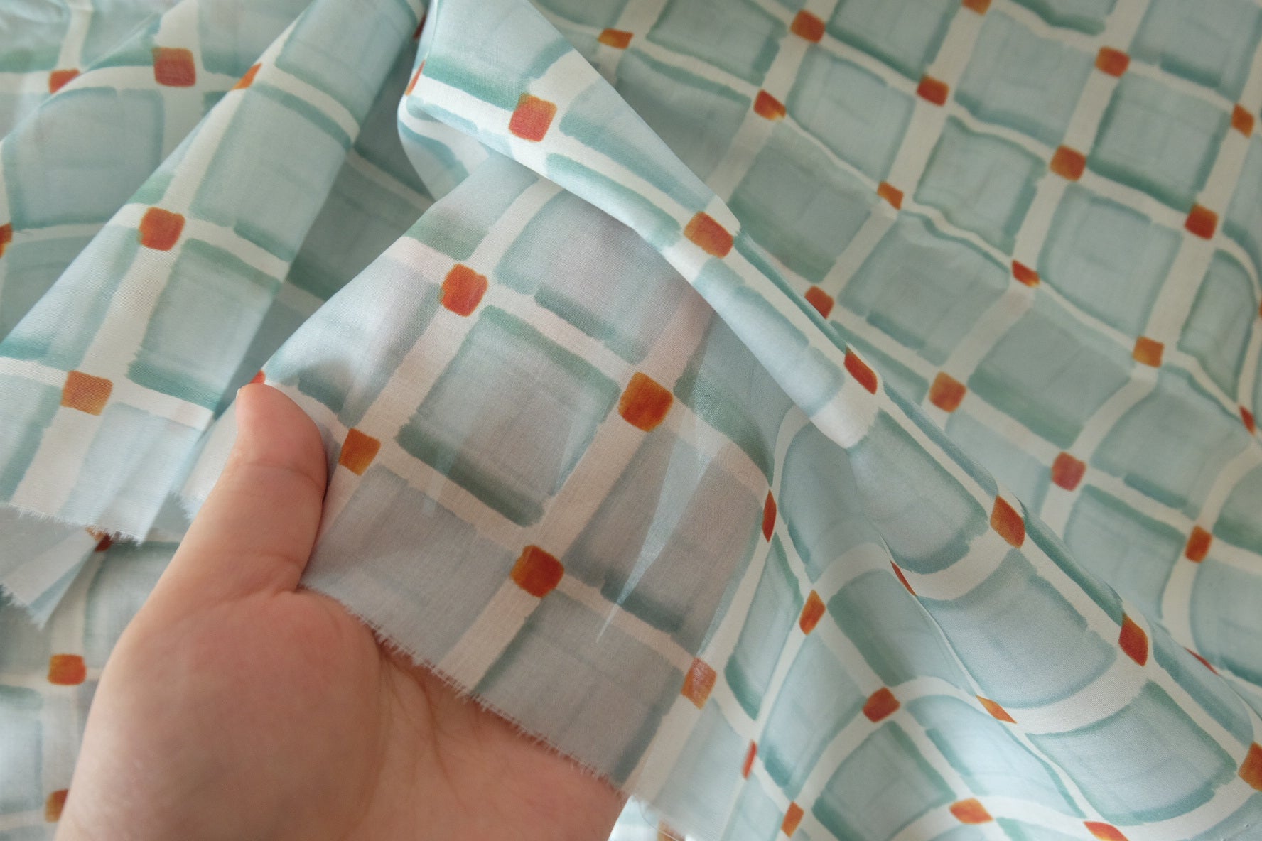 Airy Aqua Grid Cotton Voile Fabric – Ultra Lightweight & Slightly Sheer – 2.2 yd